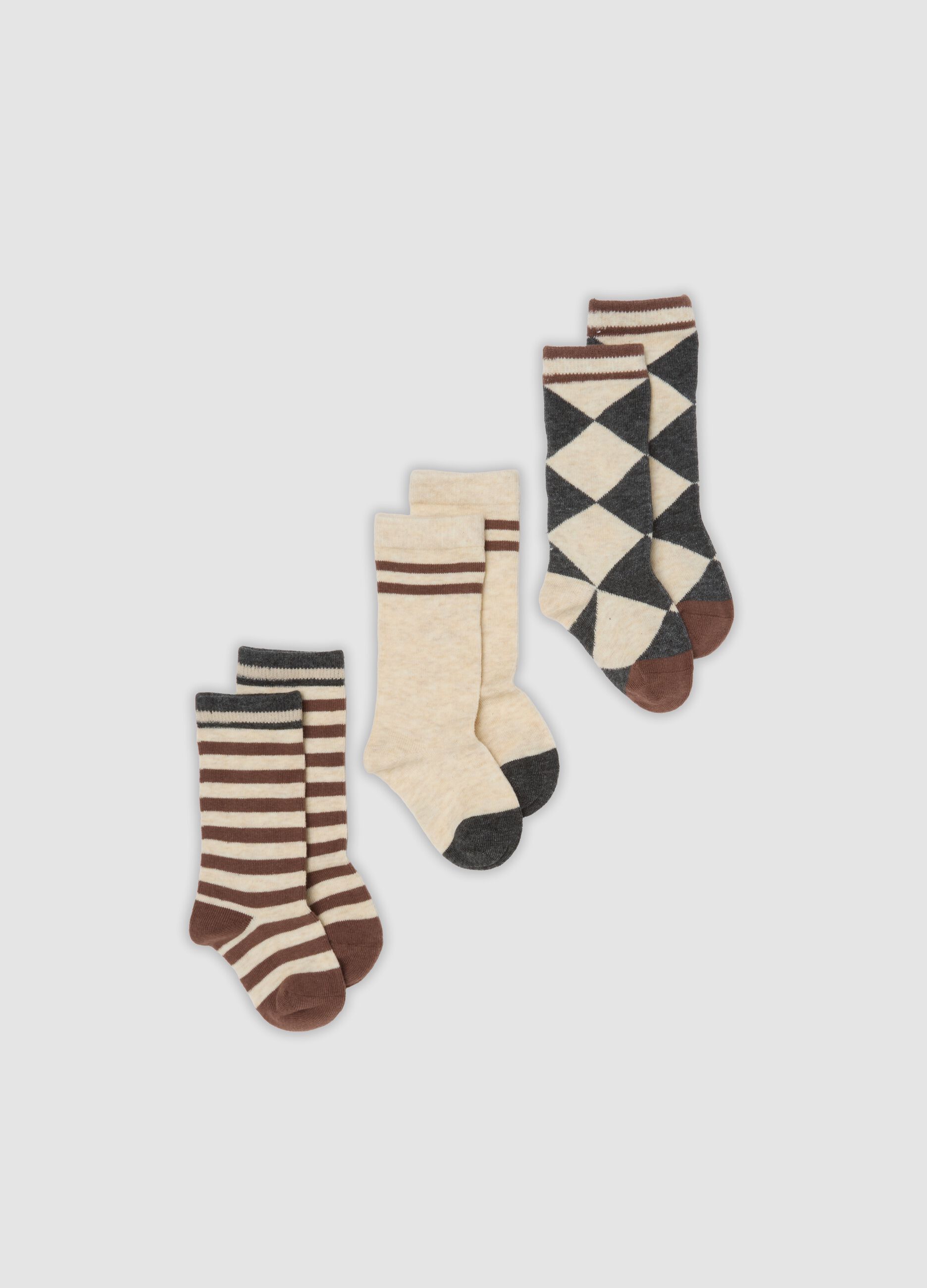 Tripack di calze lunghe beige in cotone organico elasticizzato