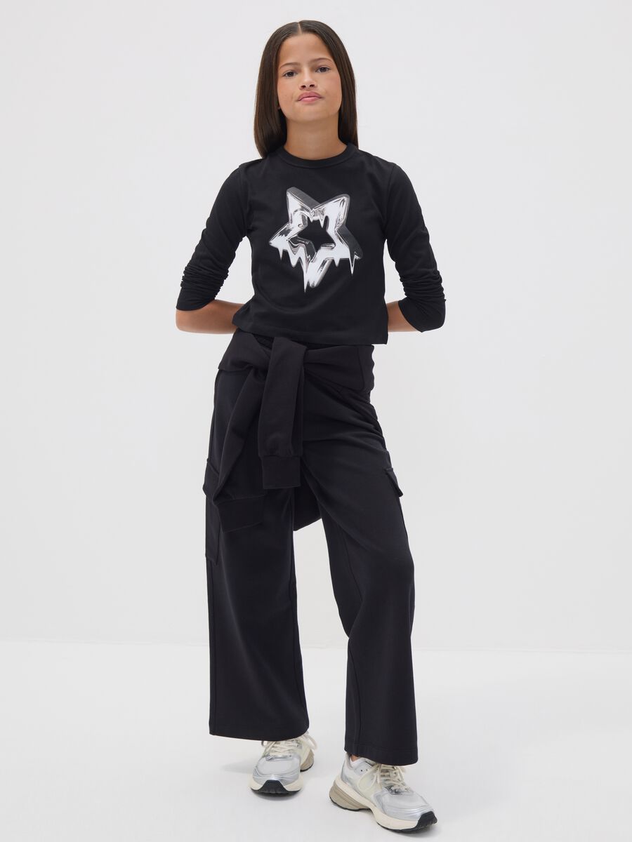 Pantaloni cargo neri culotte in puro cotone per ragazza_0