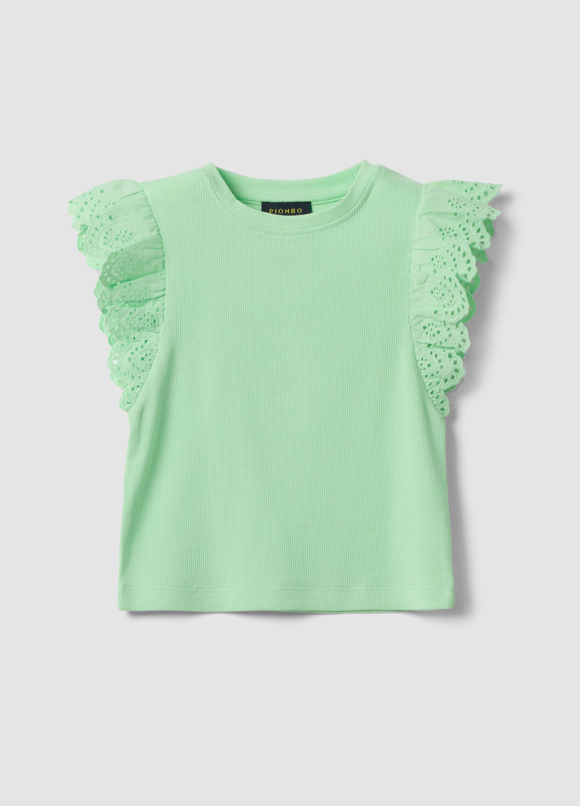 Girls&rsquo; green stretch cotton vest top with ruffles