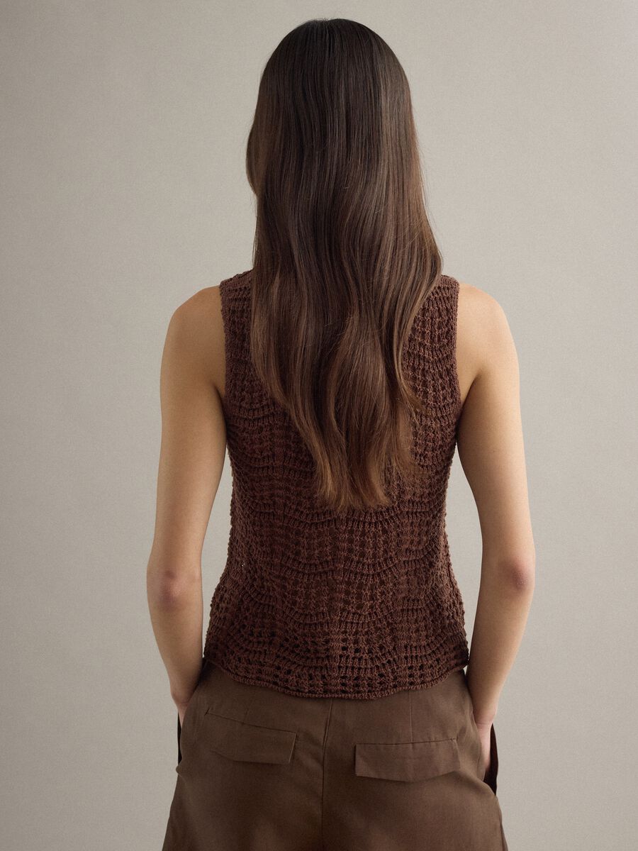 Brown regular fit cotton blend tank top with mesh texture_2
