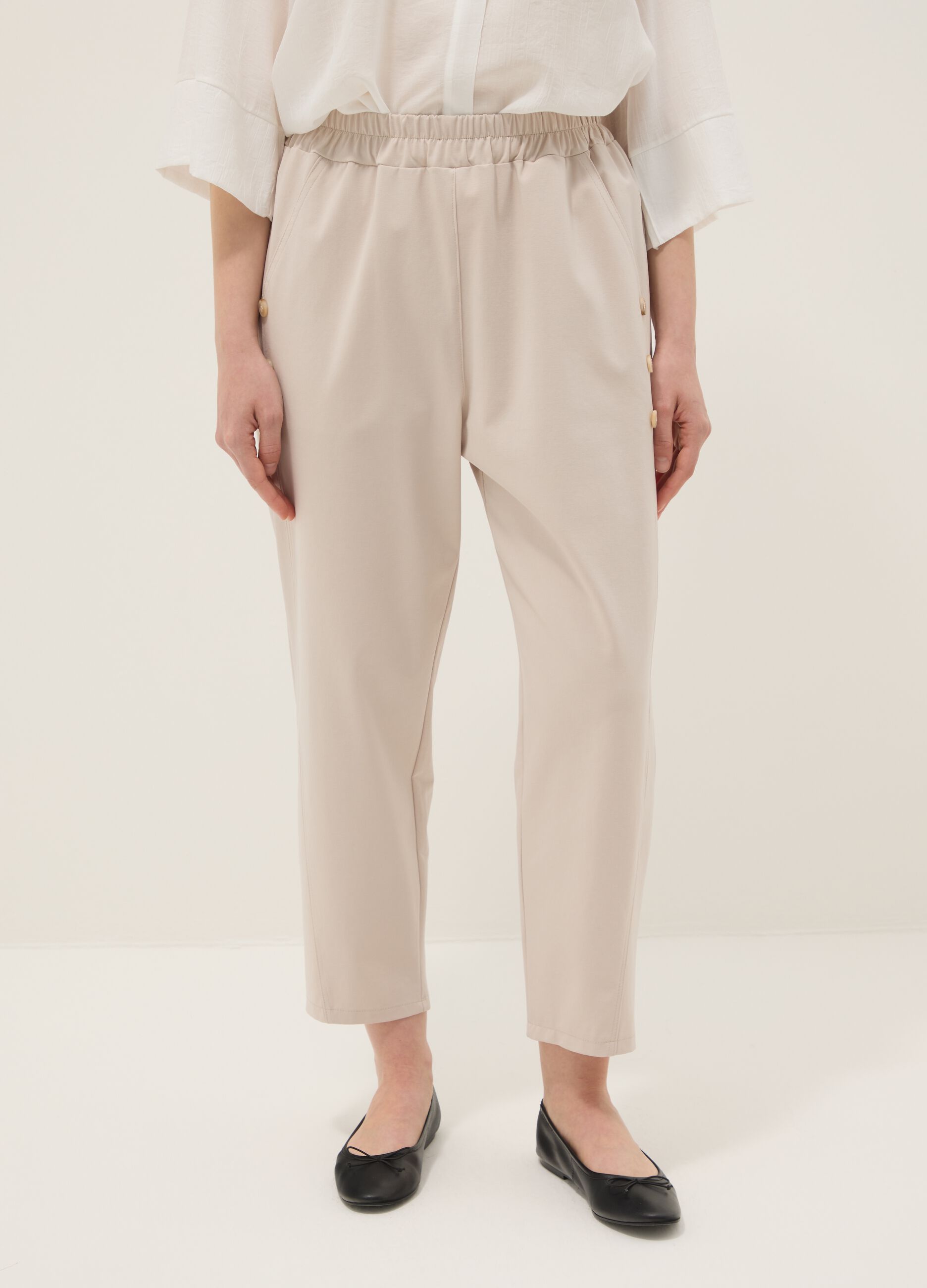 Beige Regular-Fit-Hose aus Stretch-Baumwolle mit elastischem Bund