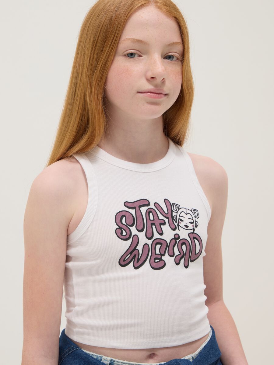 White stretch cotton fitted printed tank top for girls_2