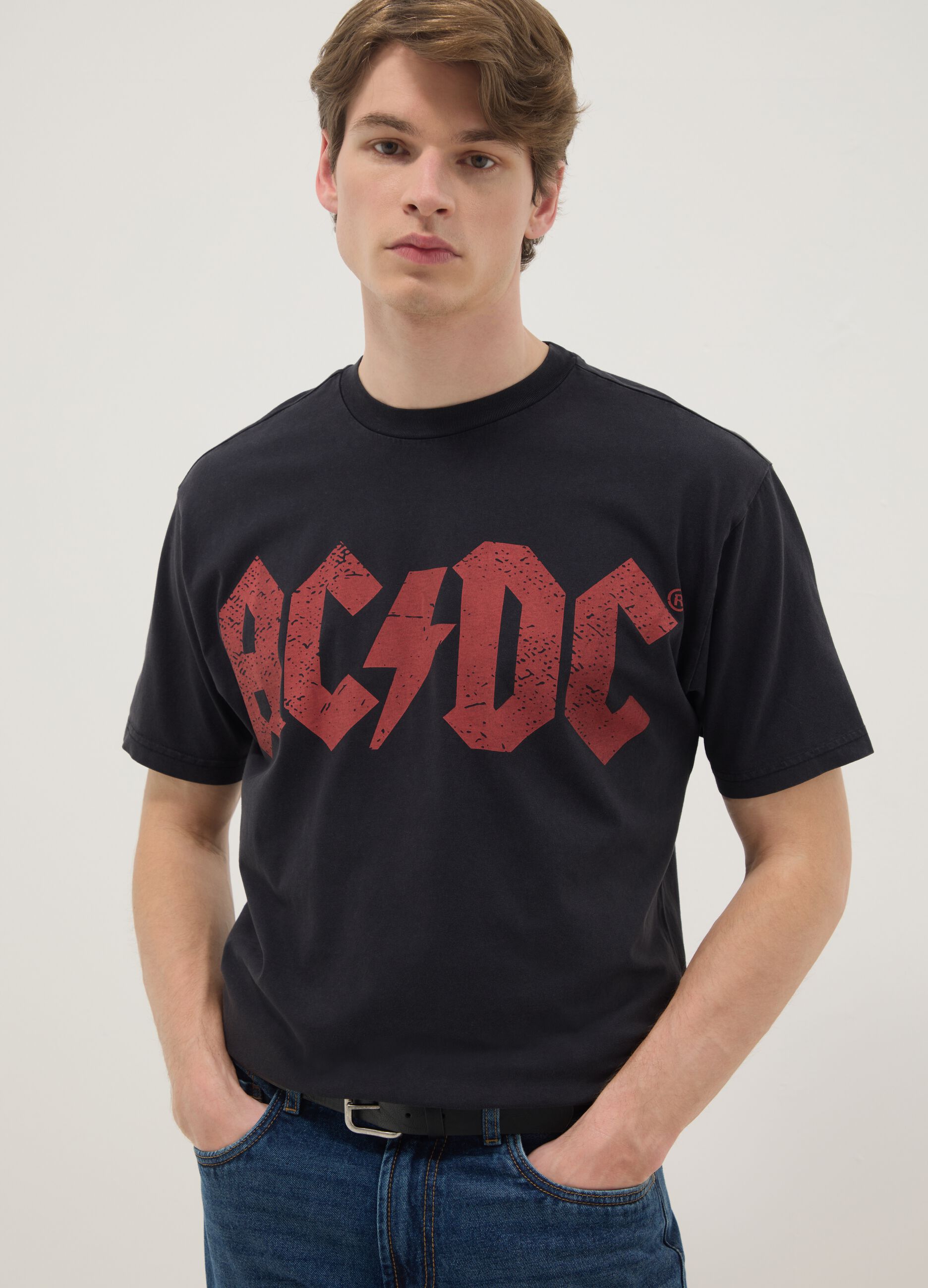 Black pure cotton regular fit T-shirt with AC/DC logo