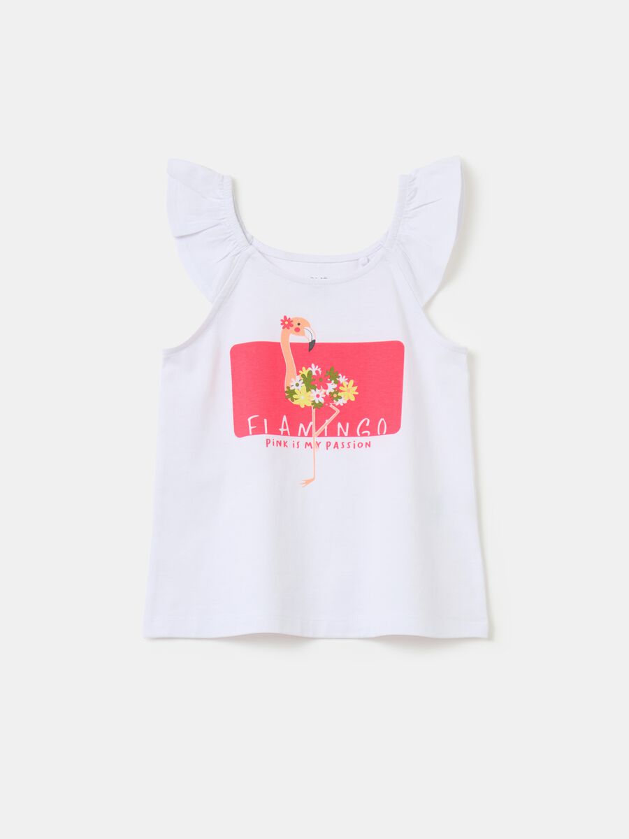 Cotton tank top with frills and print_0