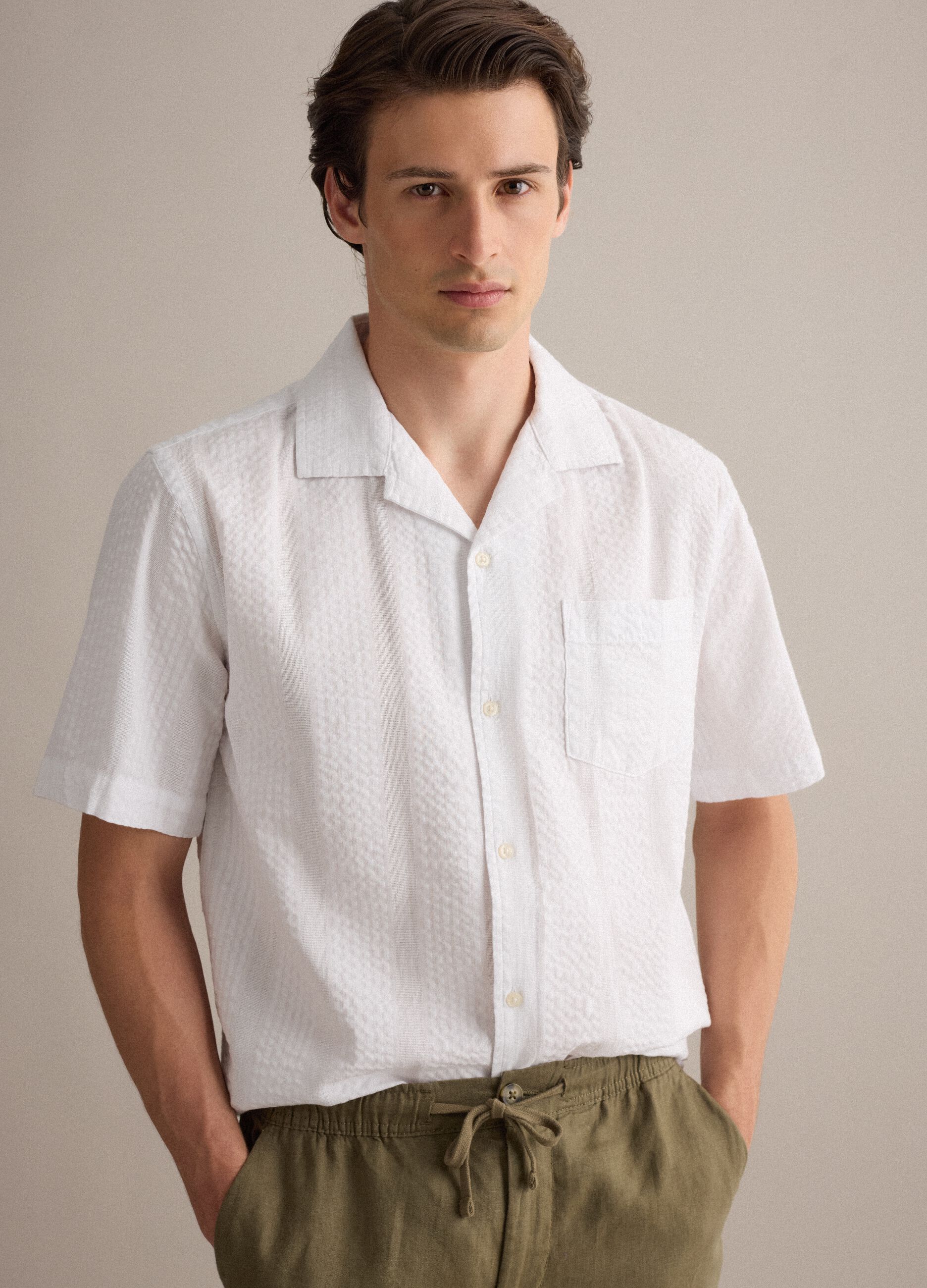 White pure organic cotton shirt with bowling collar, regular fit