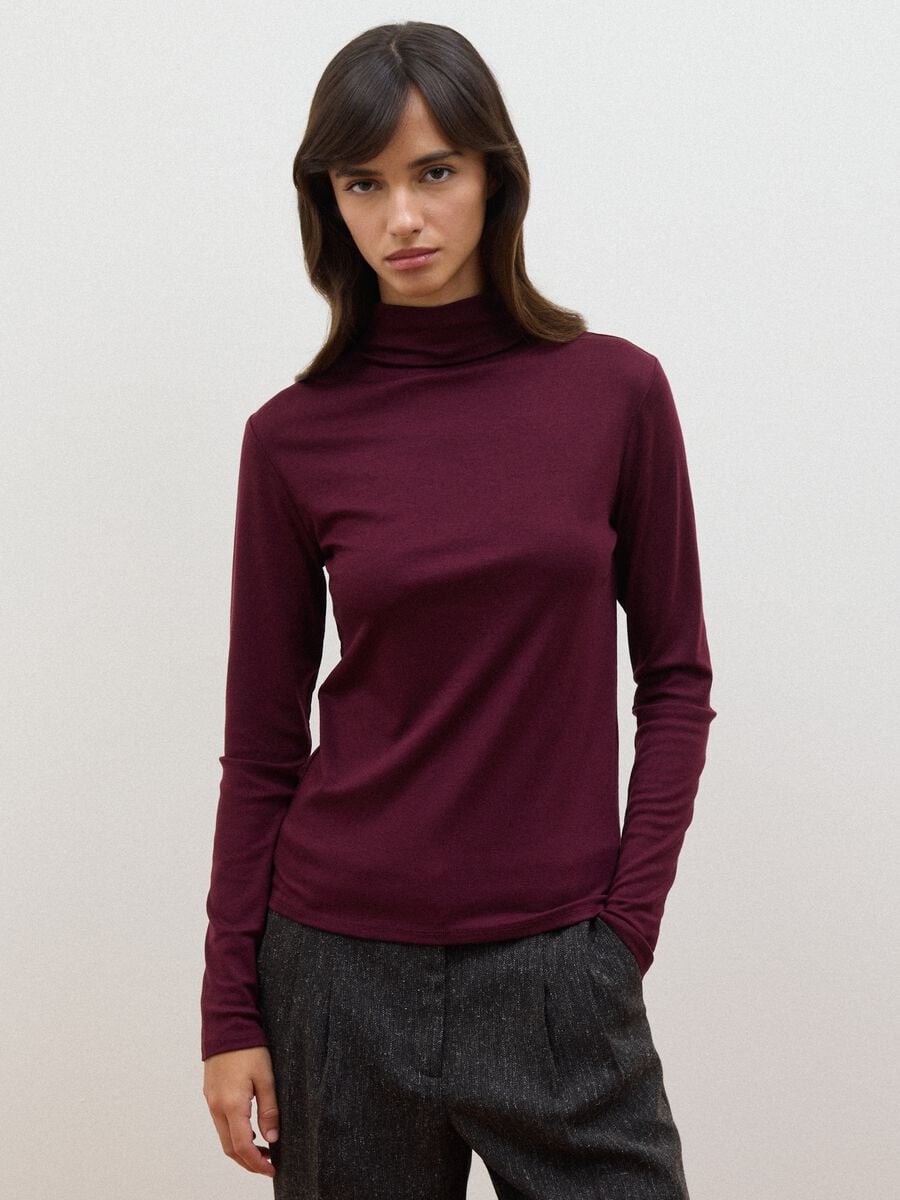 Purple lyocell and stretch wool mock-neck T-shirt, regular fit_0
