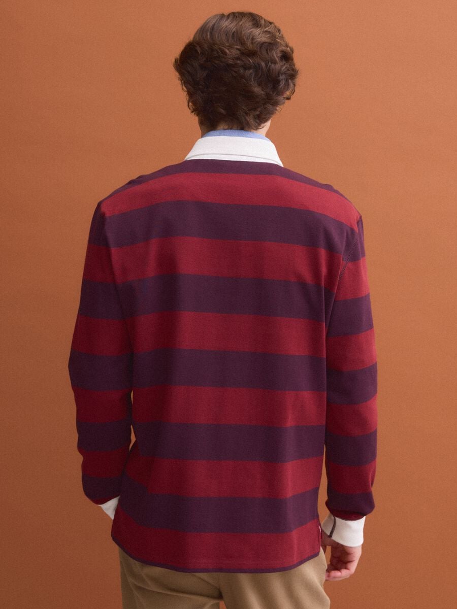Red pure cotton striped long-sleeve rugby polo, regular fit_2