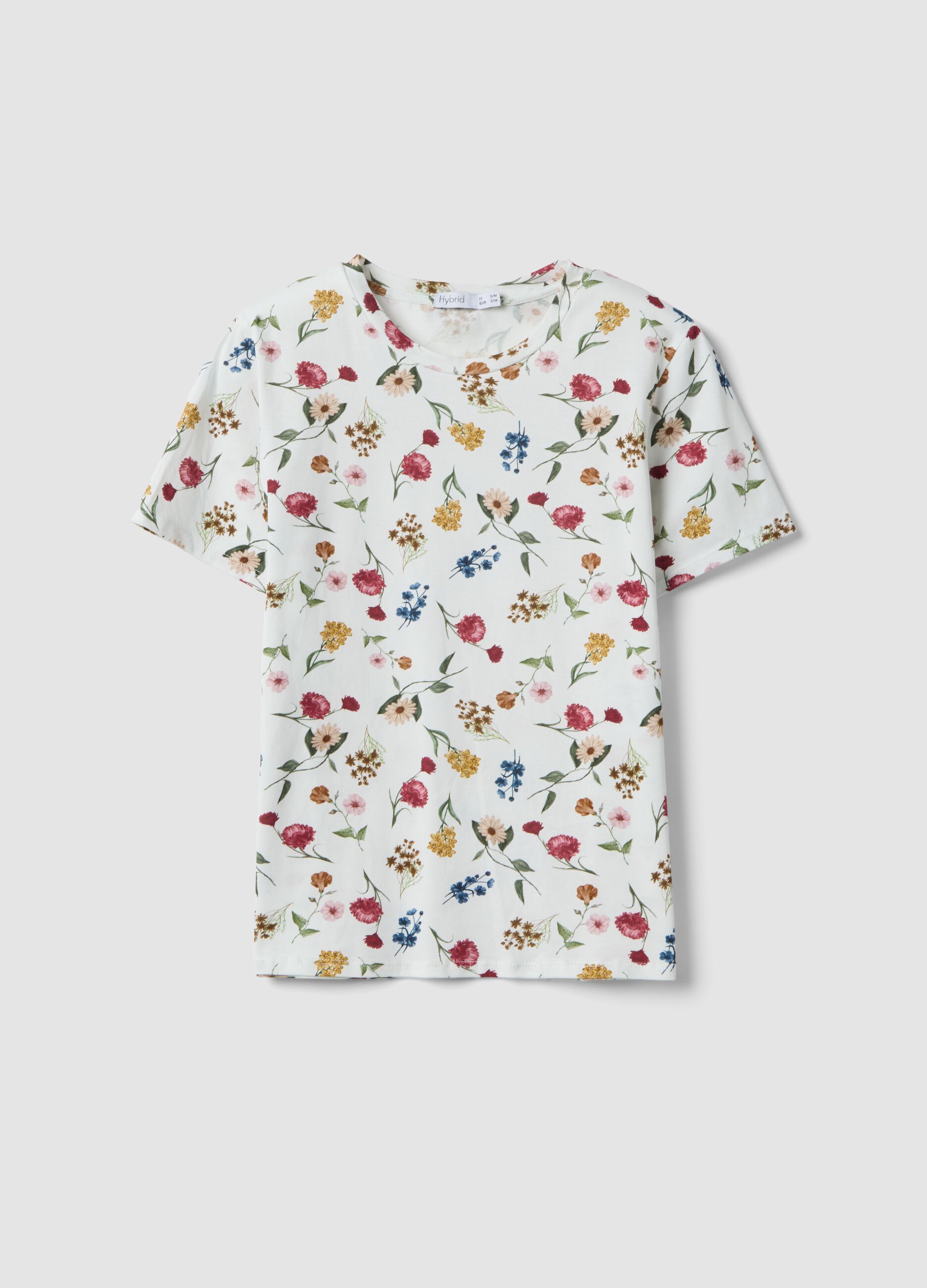 Camiseta blanca de algod&oacute;n el&aacute;stico con estampado floral, corte regular