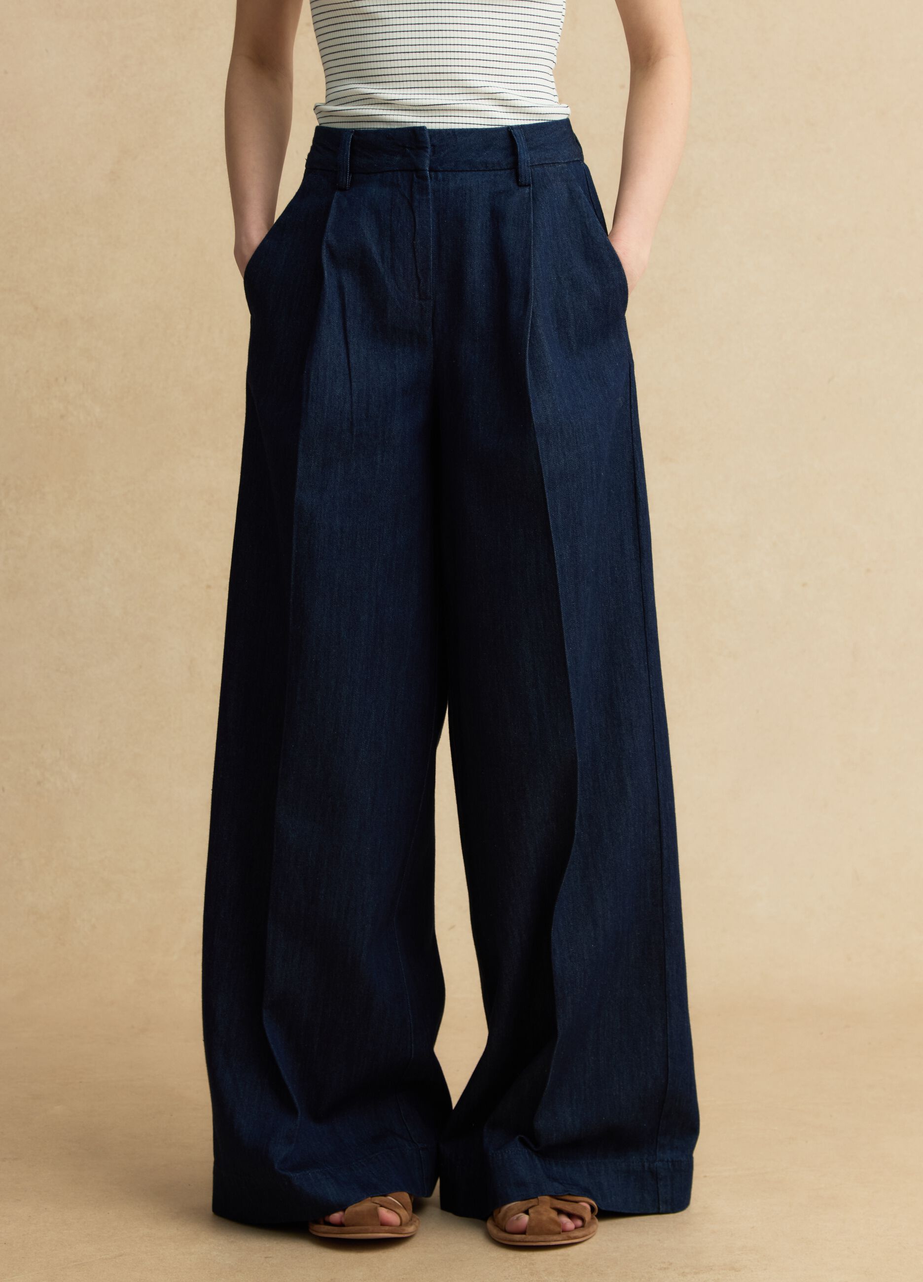 Wide-leg blue denim pure cotton trousers