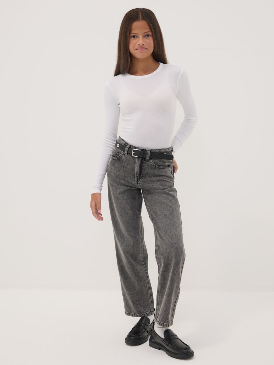 Girls&rsquo; straight-leg grey jeans in cotton, lyocell and viscose blend denim_0