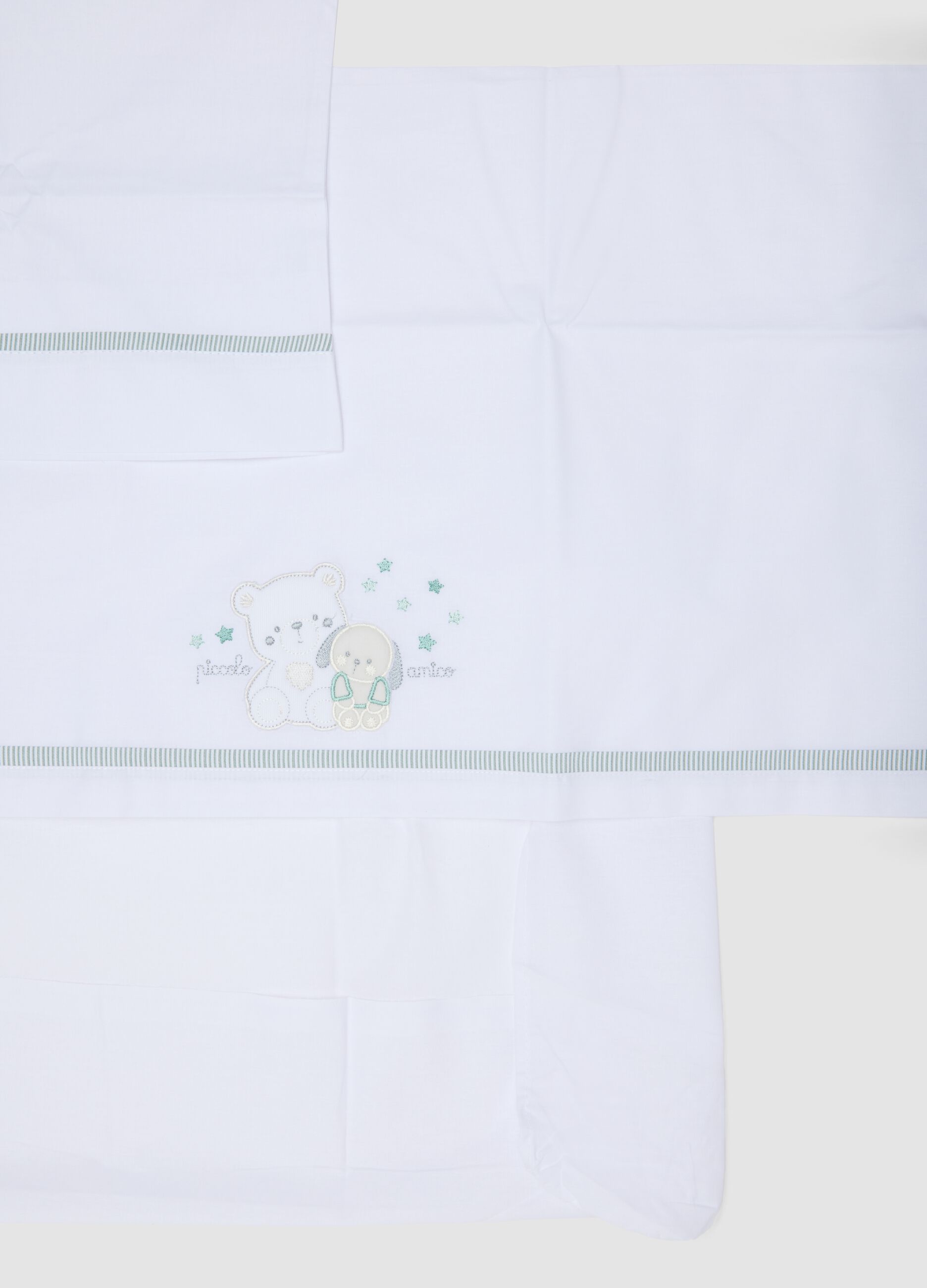 White pure cotton baby sheet with teddy bear and puppy embroidery