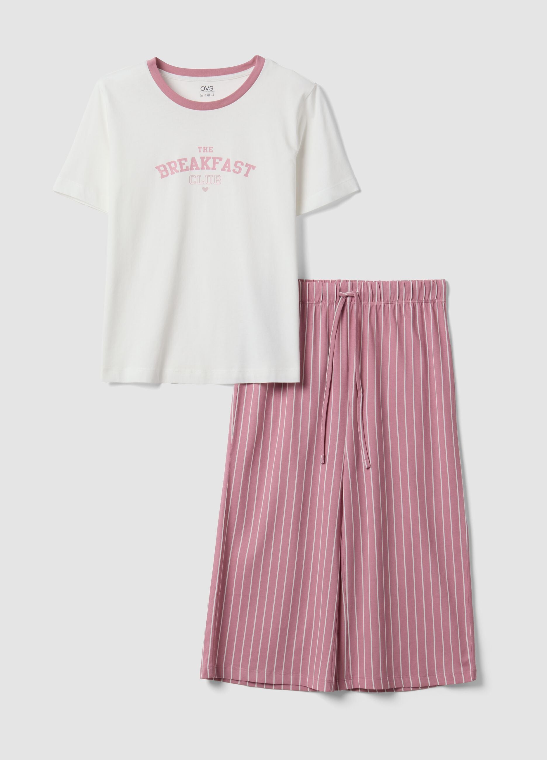 Pink and white organic cotton pyjamas with cropped trousers