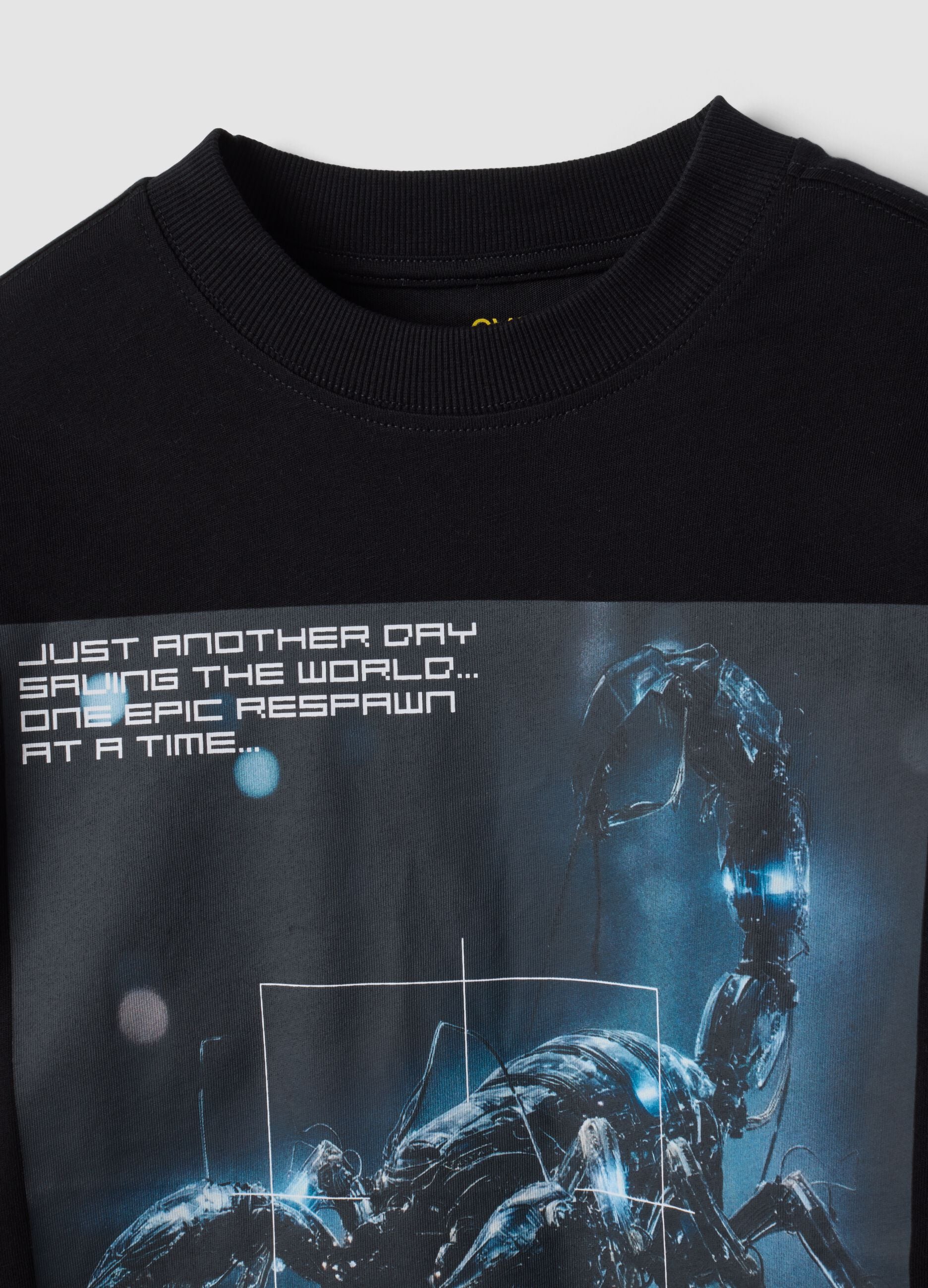 Black pure cotton crew-neck T-shirt with print