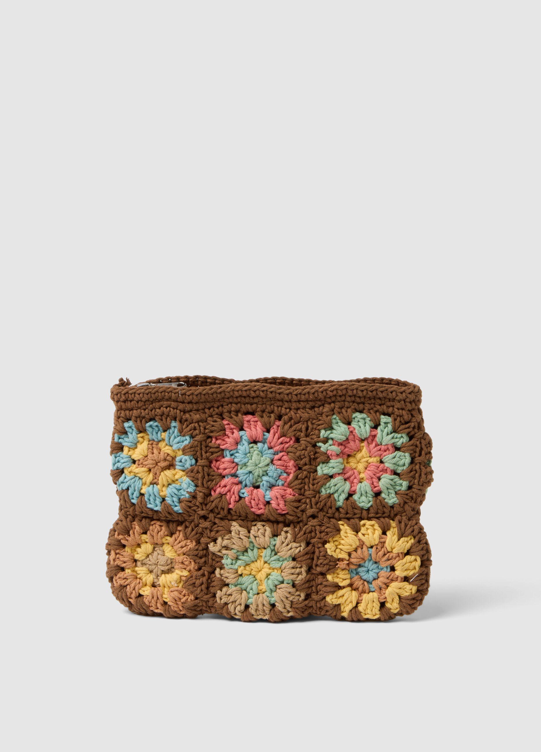Multicoloured cotton-blend pouch with crochet