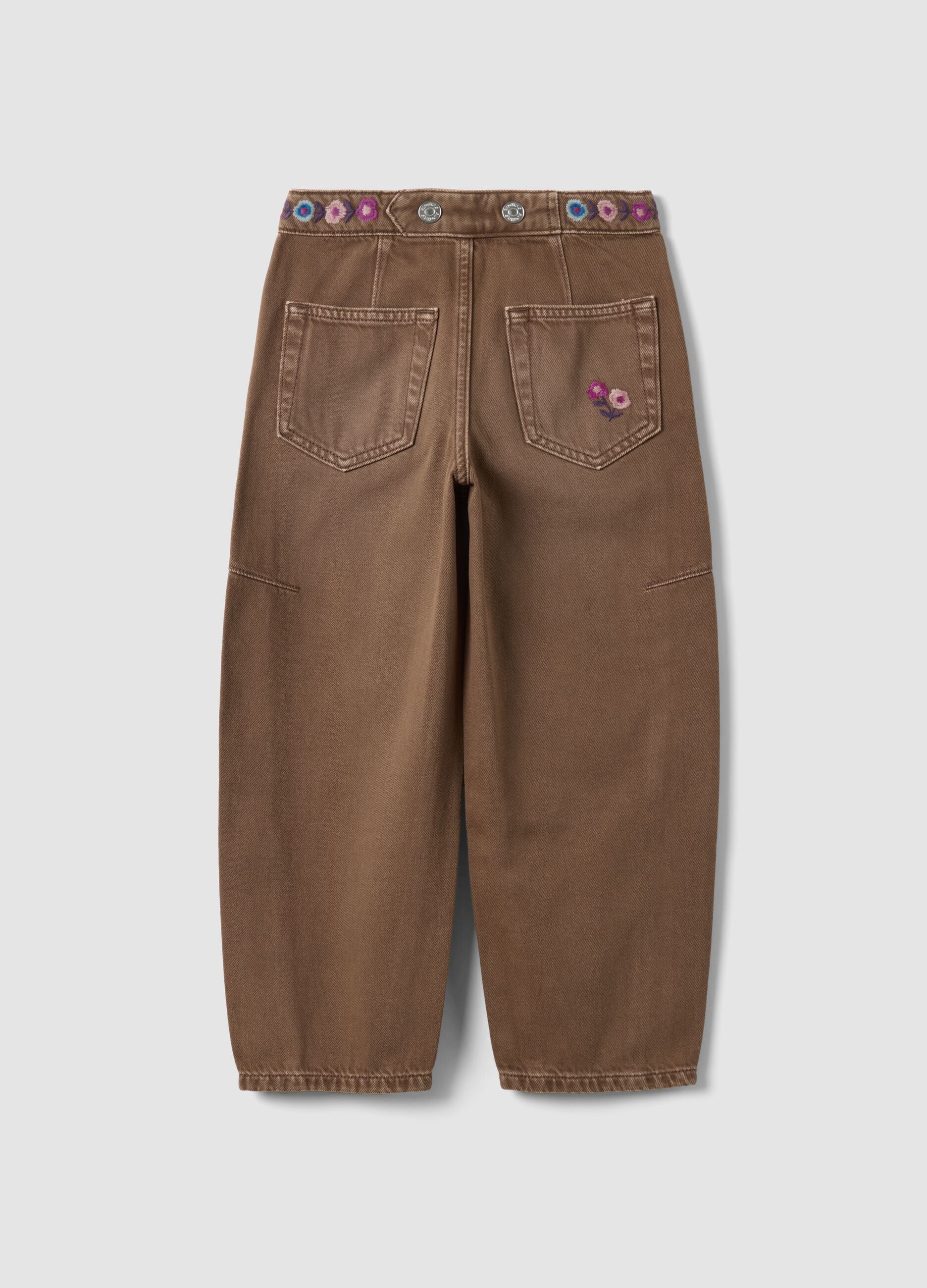 Brown pure cotton embroidered balloon-fit jeans