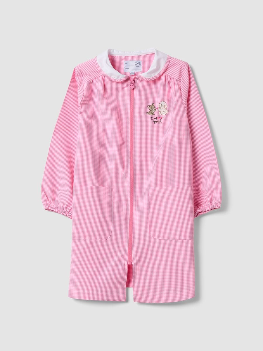 Pink gingham nursery smock with zip and cute animal embroidery_0