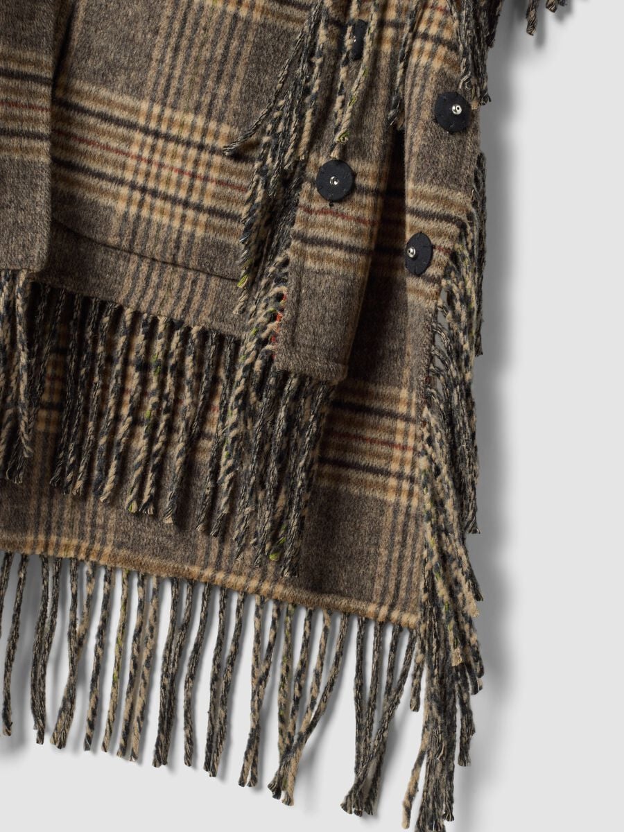 Brown checked wool and viscose blend cape with fringed trim_2