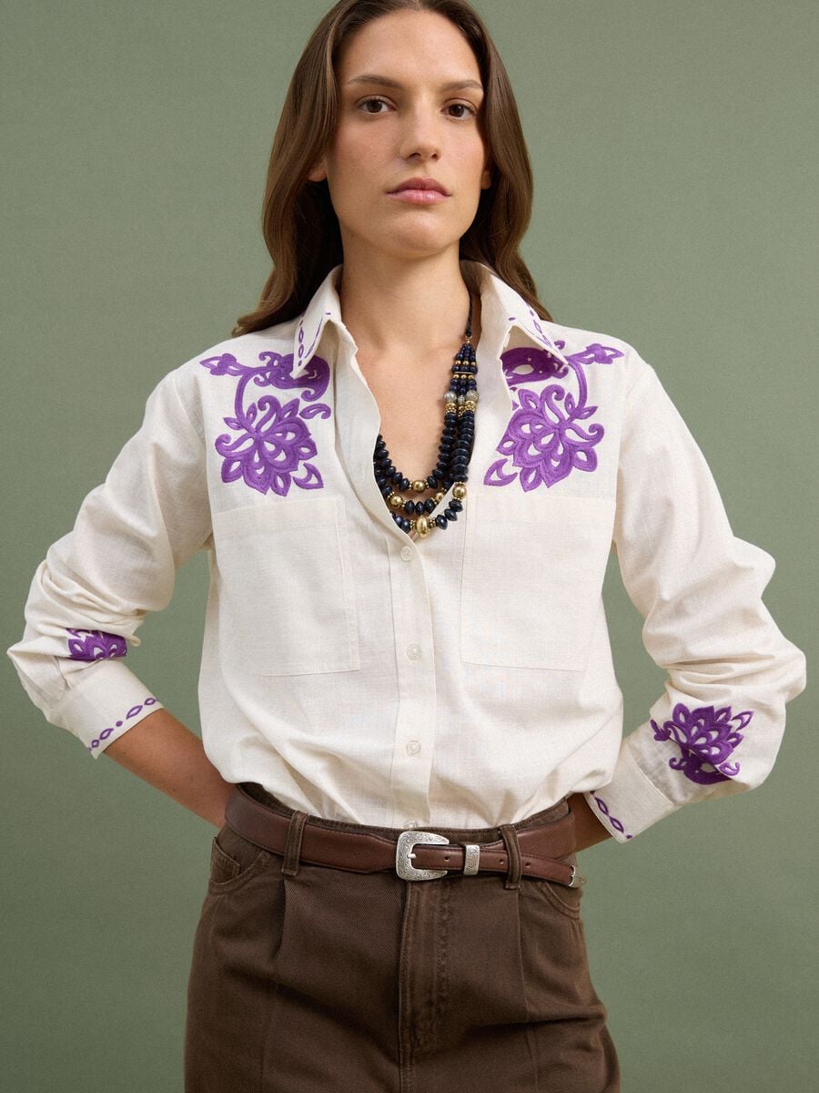White pure cotton oversized shirt with purple embroidery_1
