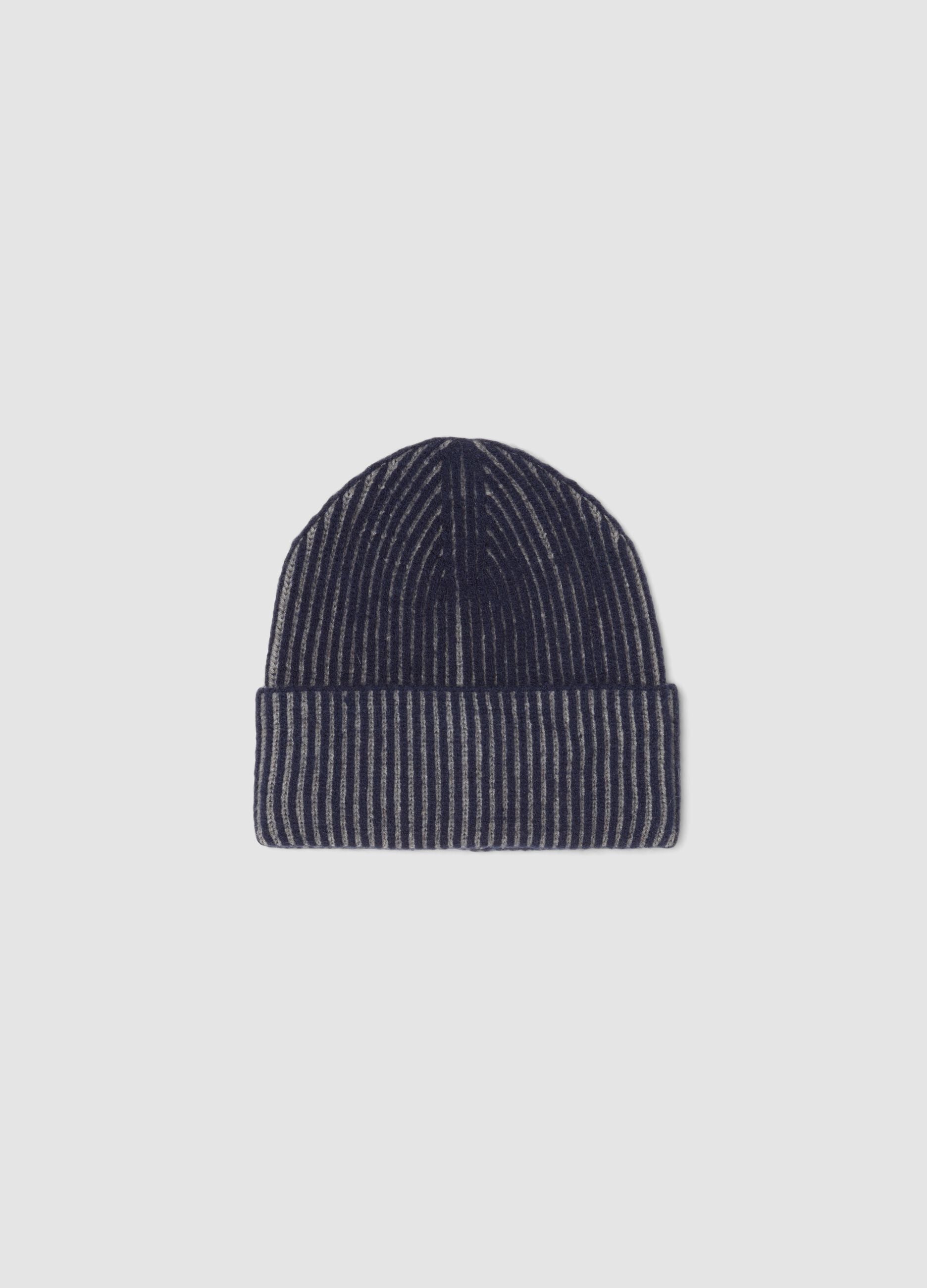 Blue and grey ribbed jersey knit beanie