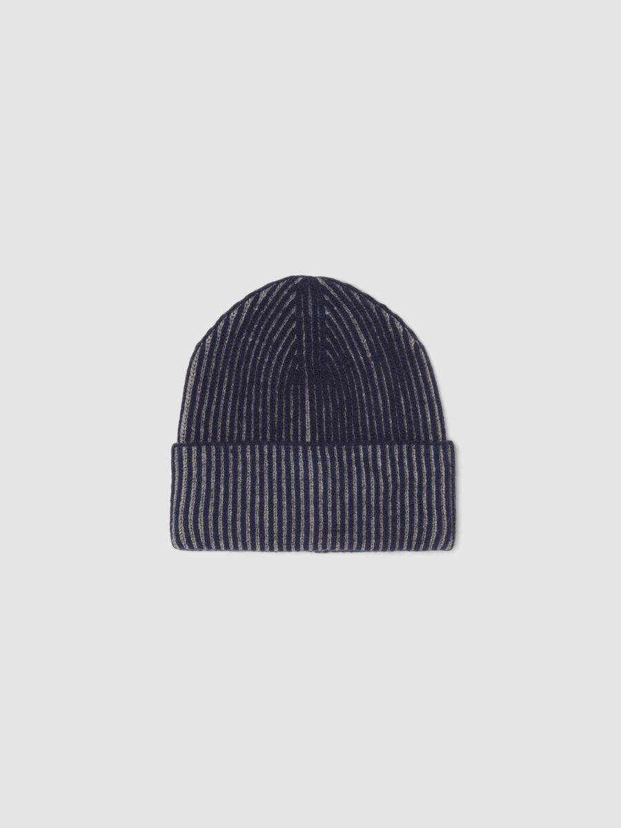 Blue and grey ribbed jersey knit beanie_0