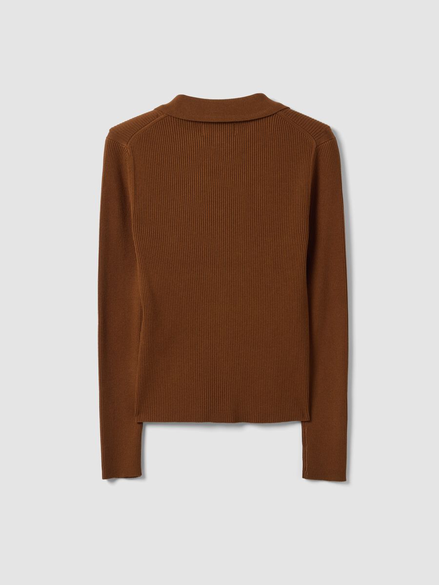 Brown fitted ribbed viscose-blend cardigan with polo collar_6