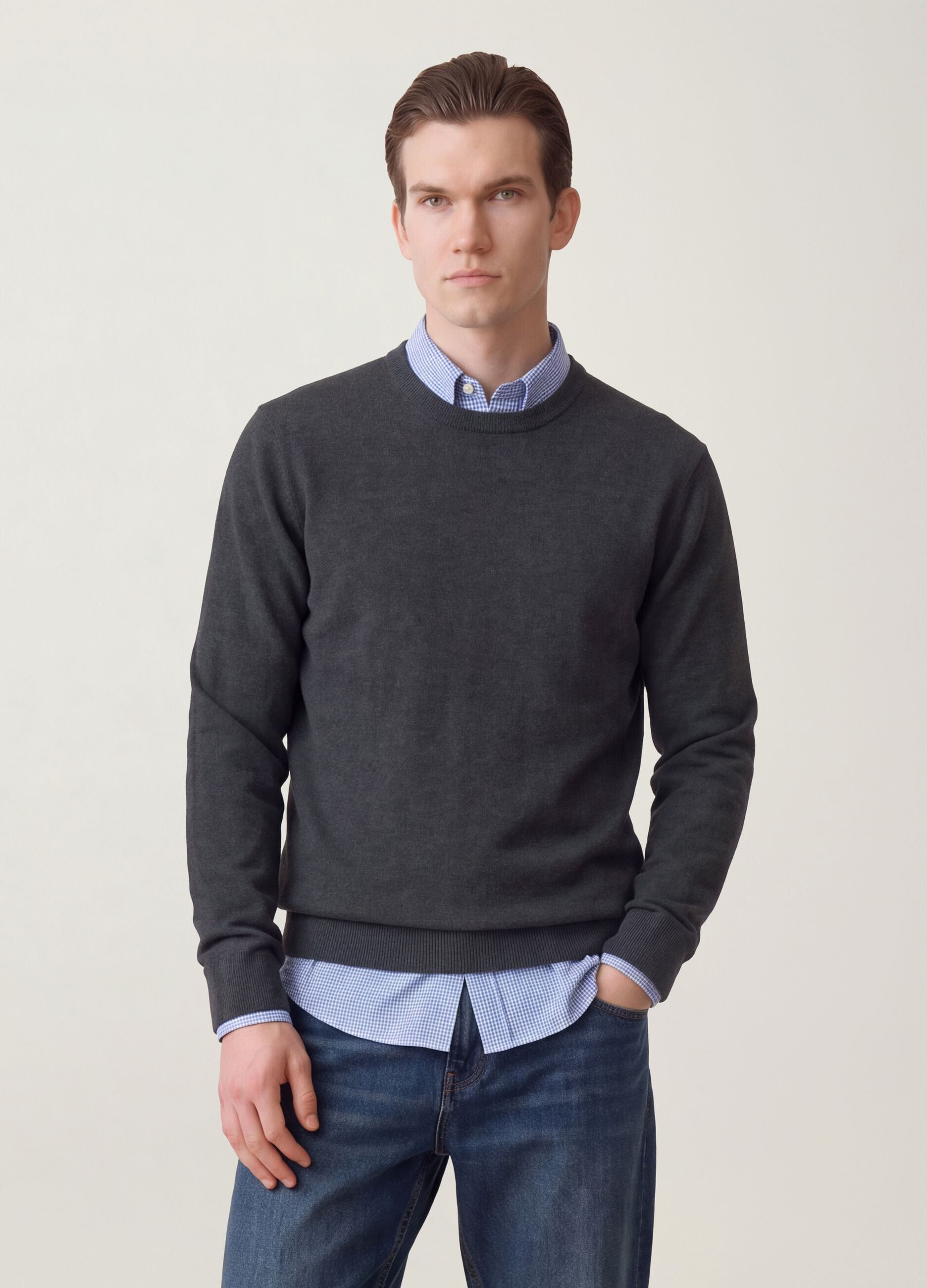 Maglia grigia in misto cotone e cashmere girocollo