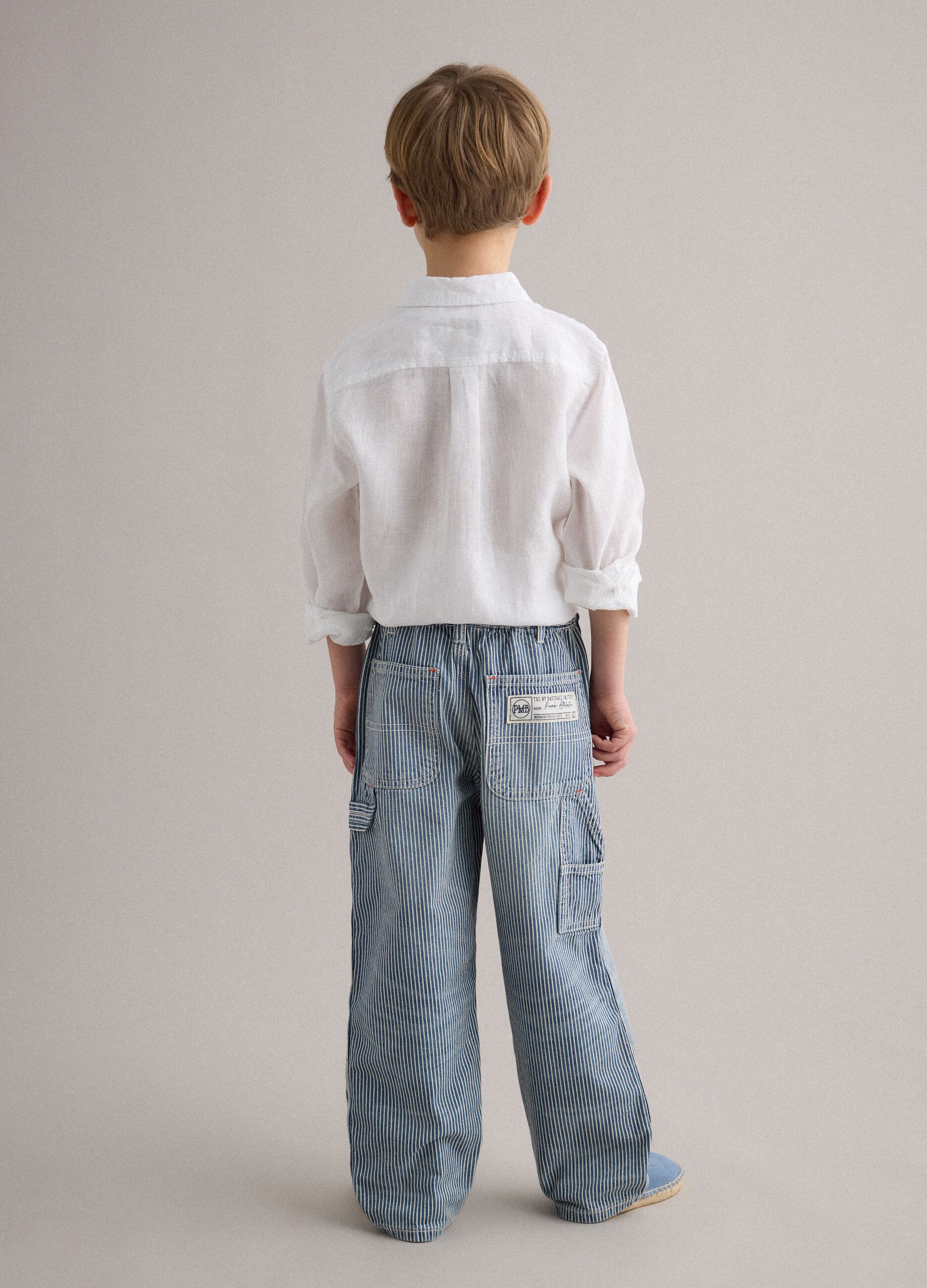 Boys&rsquo; multicolour striped pure cotton denim trousers, relaxed fit