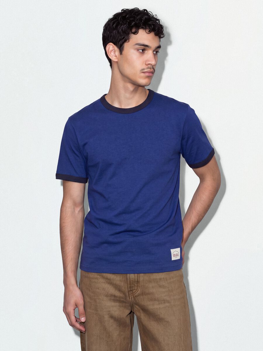 Blue fitted pure cotton T-shirt with contrast trims_0