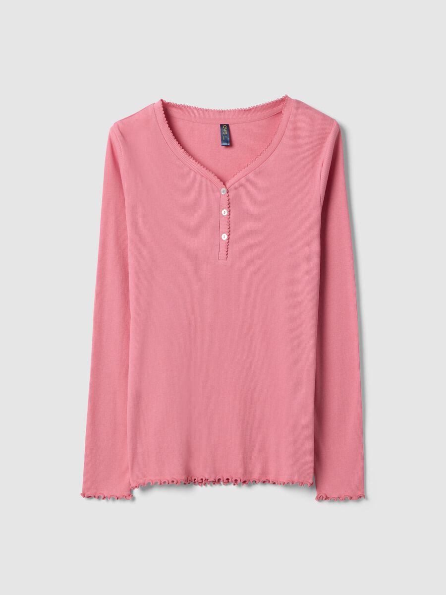 Camiseta de pijama rosa de algod&atilde;o puro com decote serafino, corte regular_0