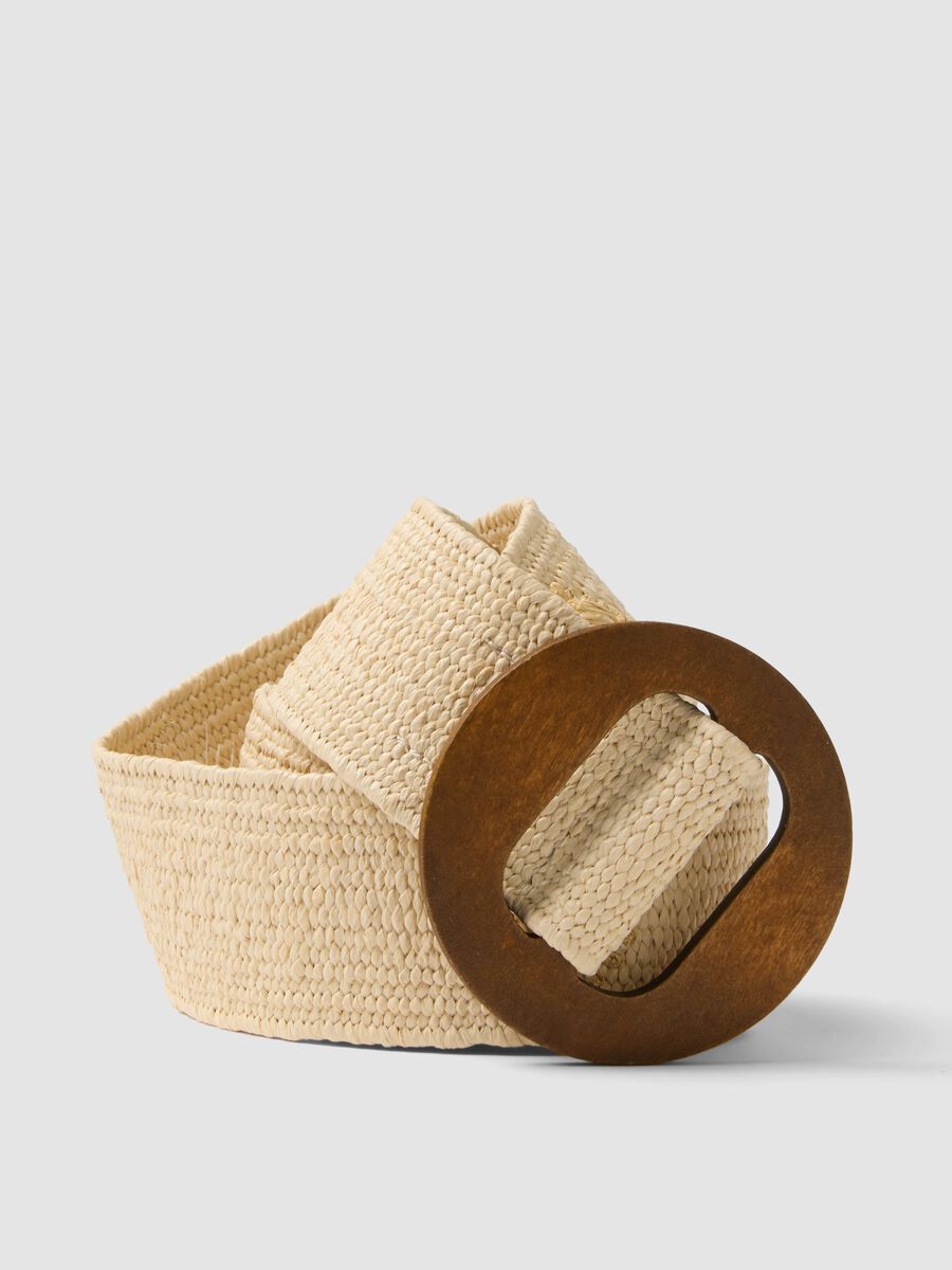 Beige woven belt with brown wooden buckle and embellishments_2