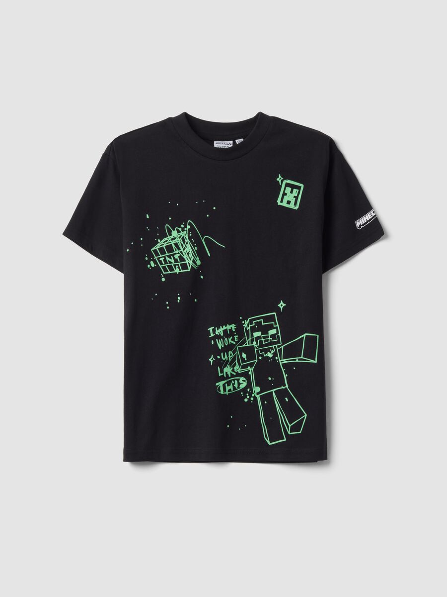 Black pure cotton crew-neck Minecraft print T-shirt_0