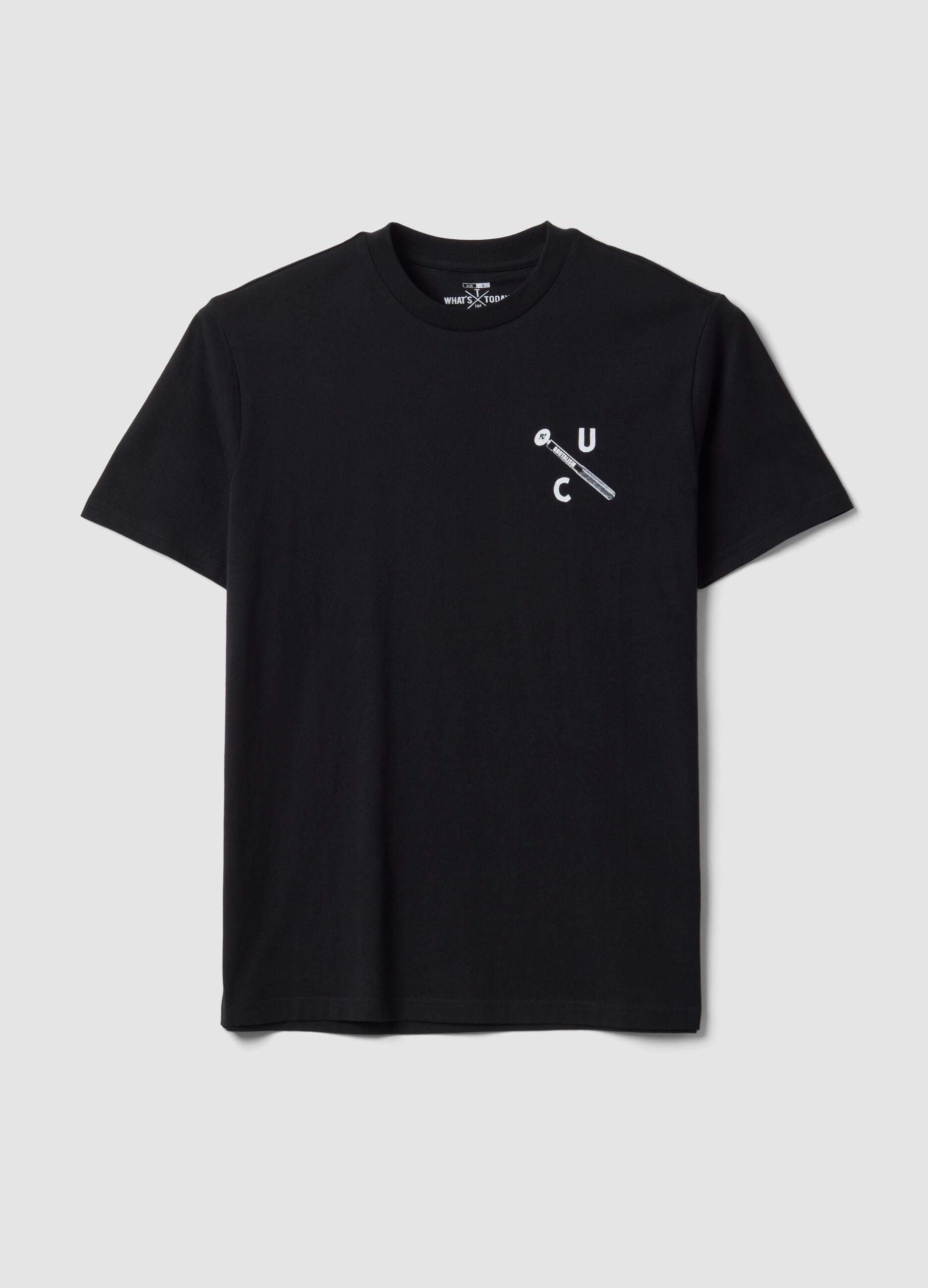 T-shirt preta em algod&atilde;o puro com decote redondo e estampado