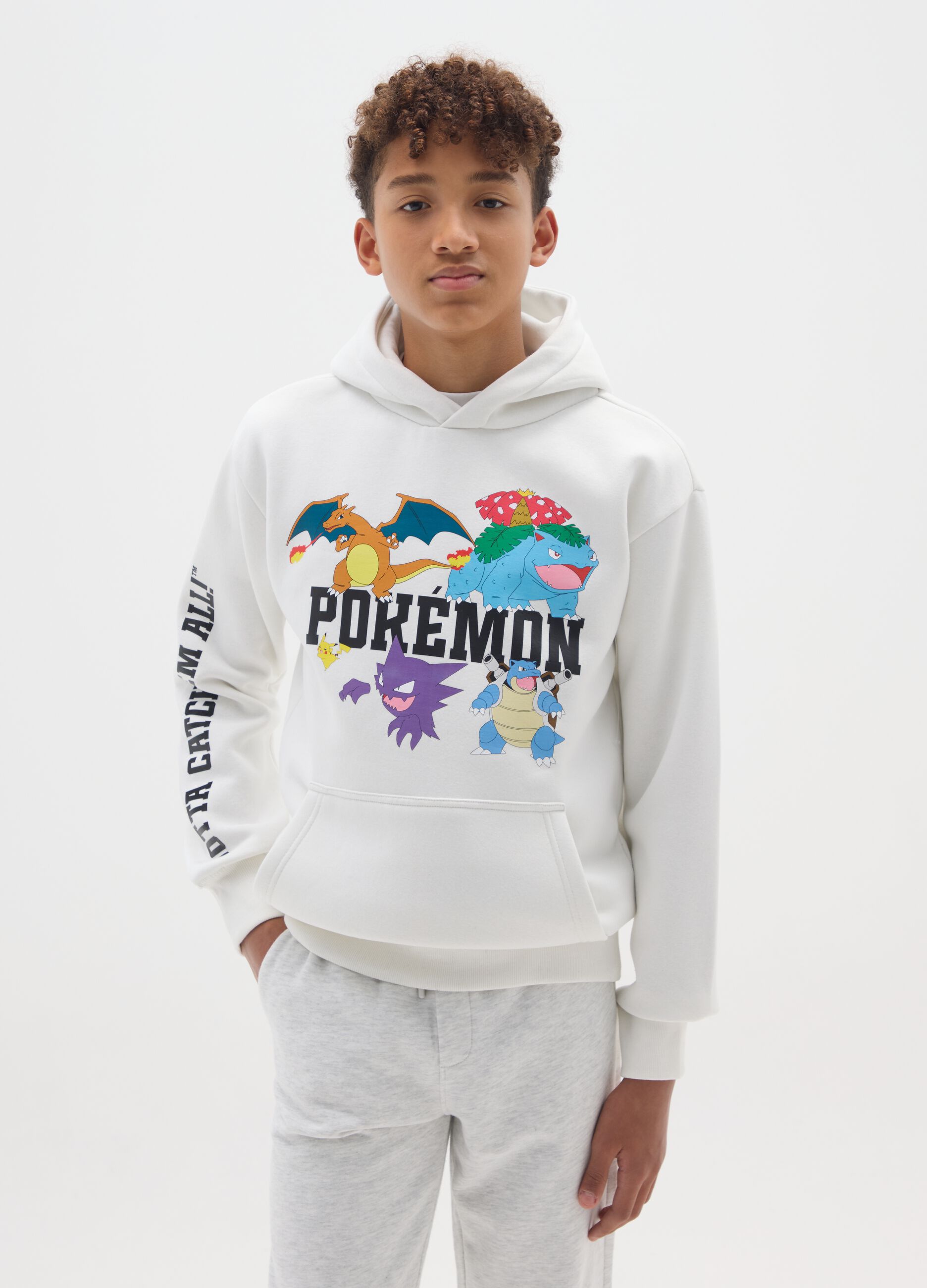White cotton blend children's hoodie with Pok&eacute;mon print