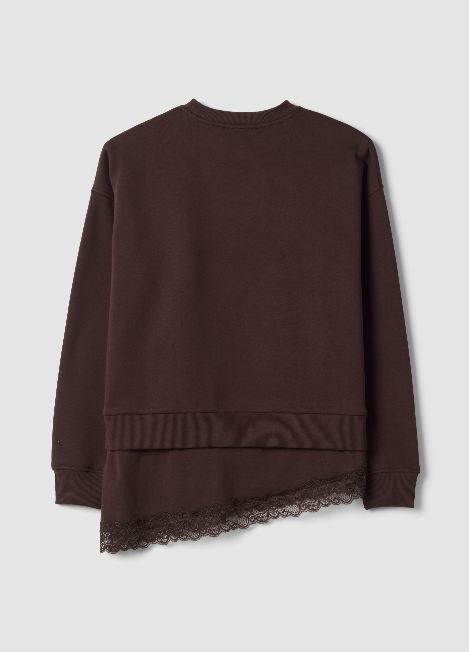 Braunes Sweatshirt aus Baumwollmix mit Rundhalsausschnitt und Spitze