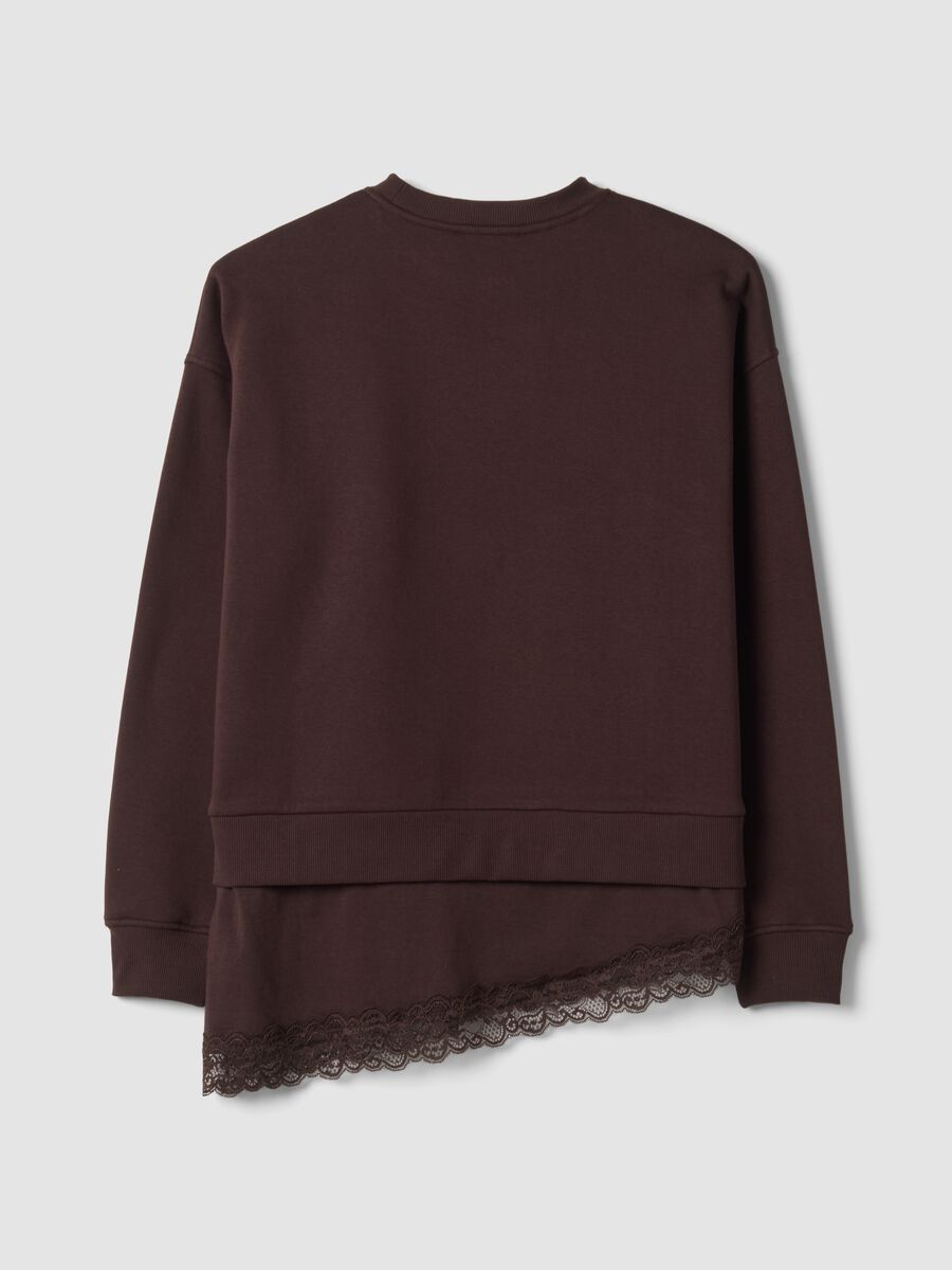 Braunes Sweatshirt aus Baumwollmix mit Rundhalsausschnitt und Spitze_2