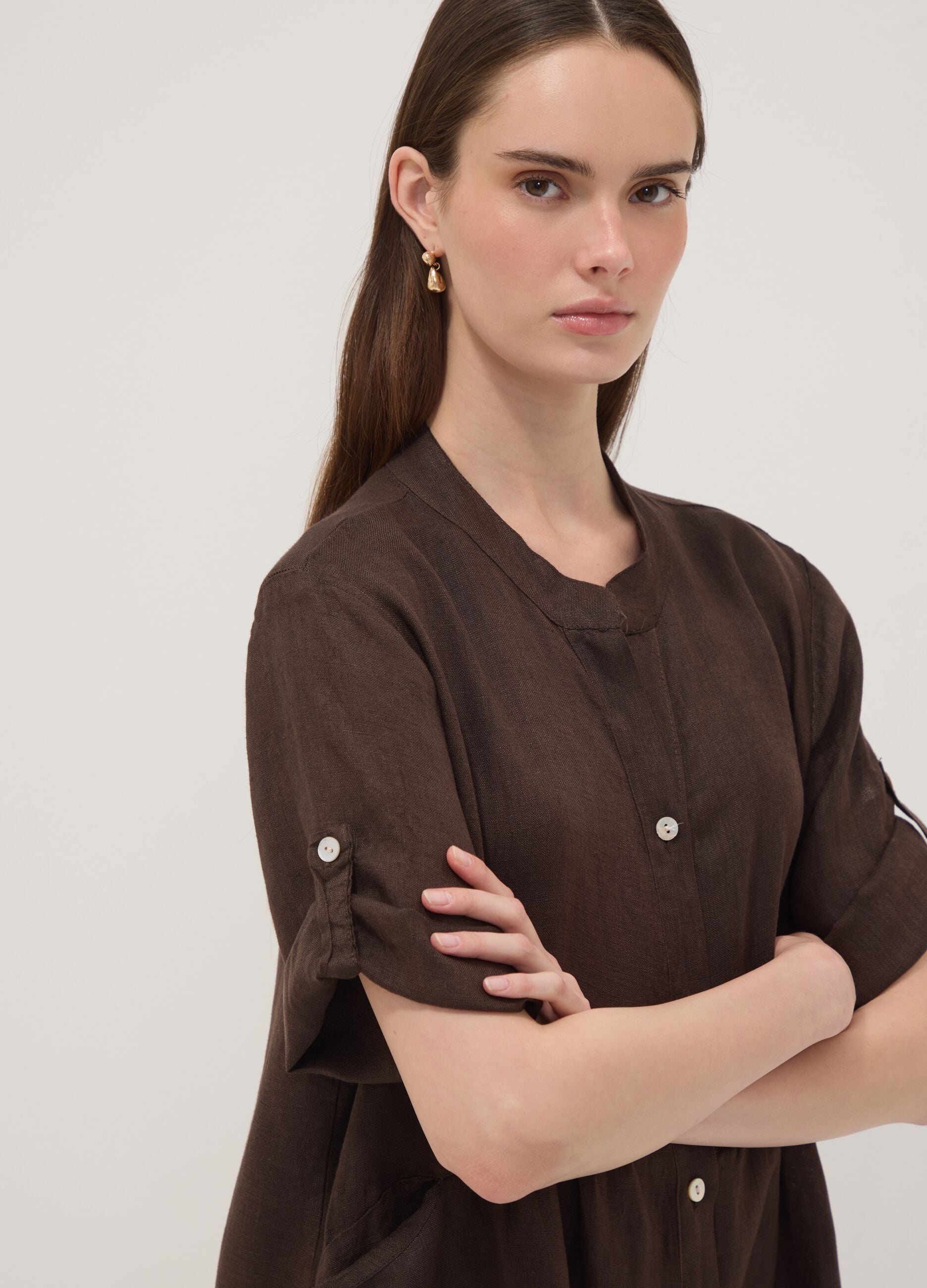 Brown pure linen dress with Mandarin collar, regular fit
