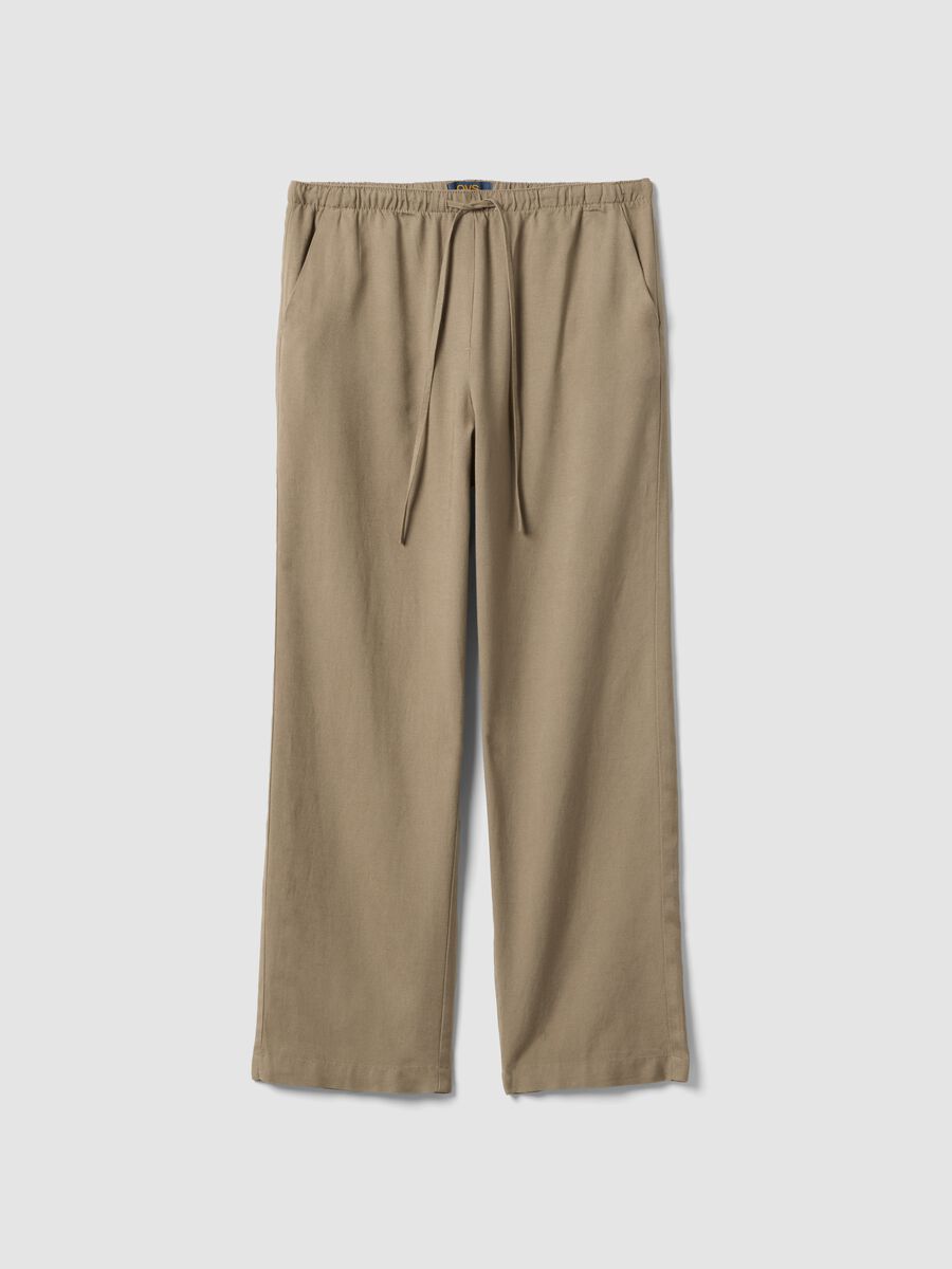 Beige viscose and linen blend straight-fit trousers with drawstring_4