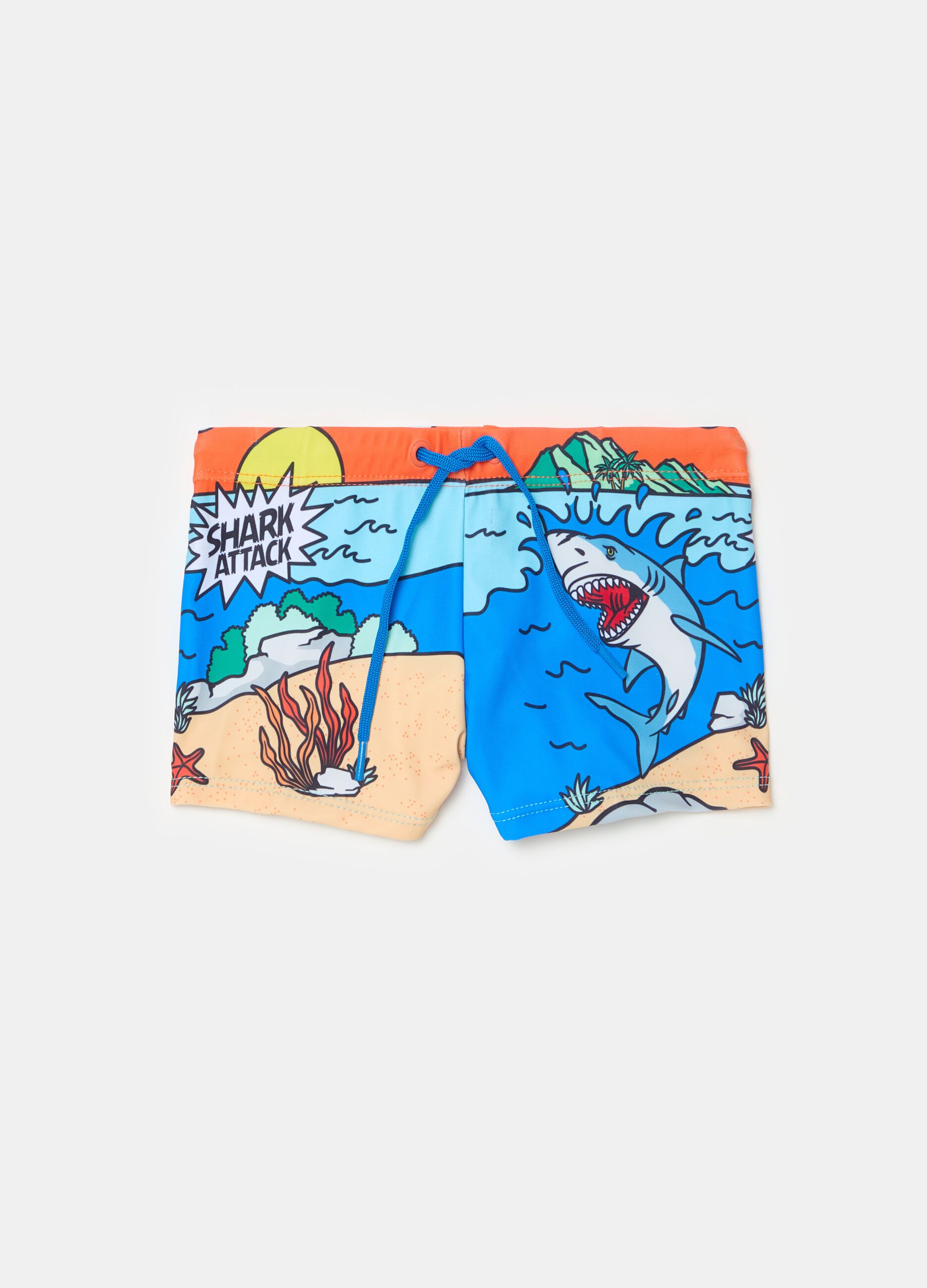 Swimming trunks with print and drawstring