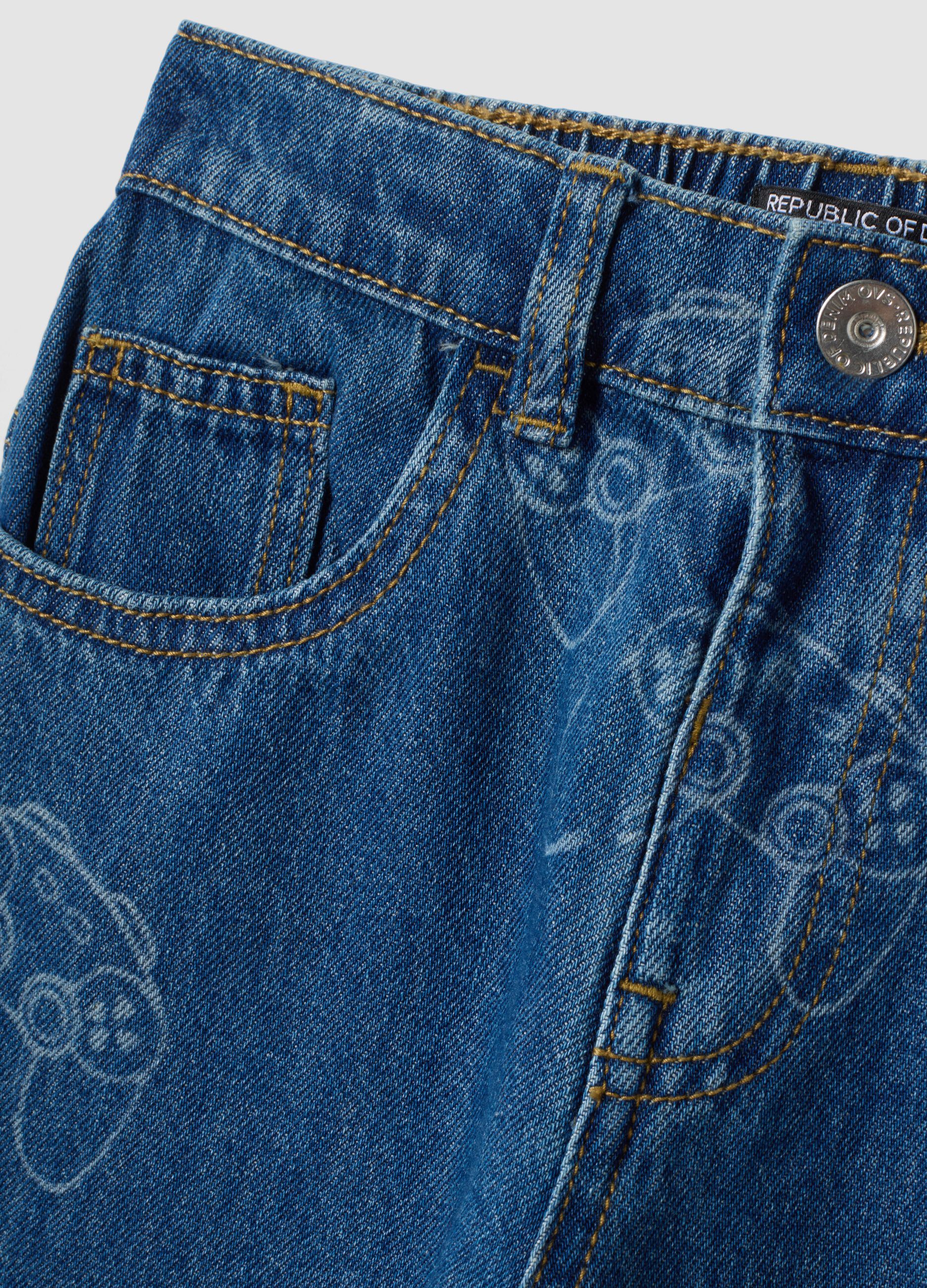 Cotton-viscose blend denim jeans with gaming print