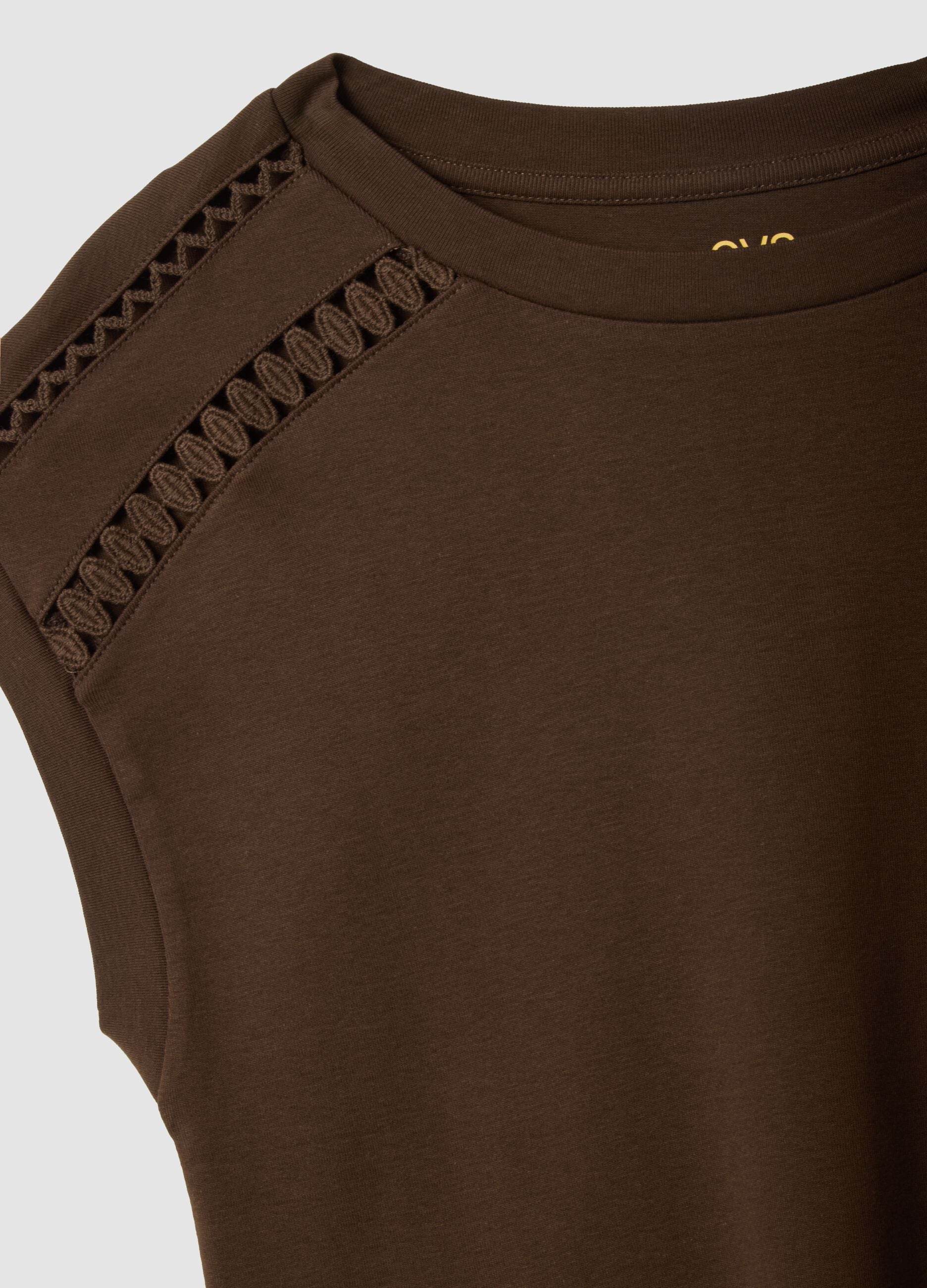 Brown pure cotton T-shirt with cut-out detailing