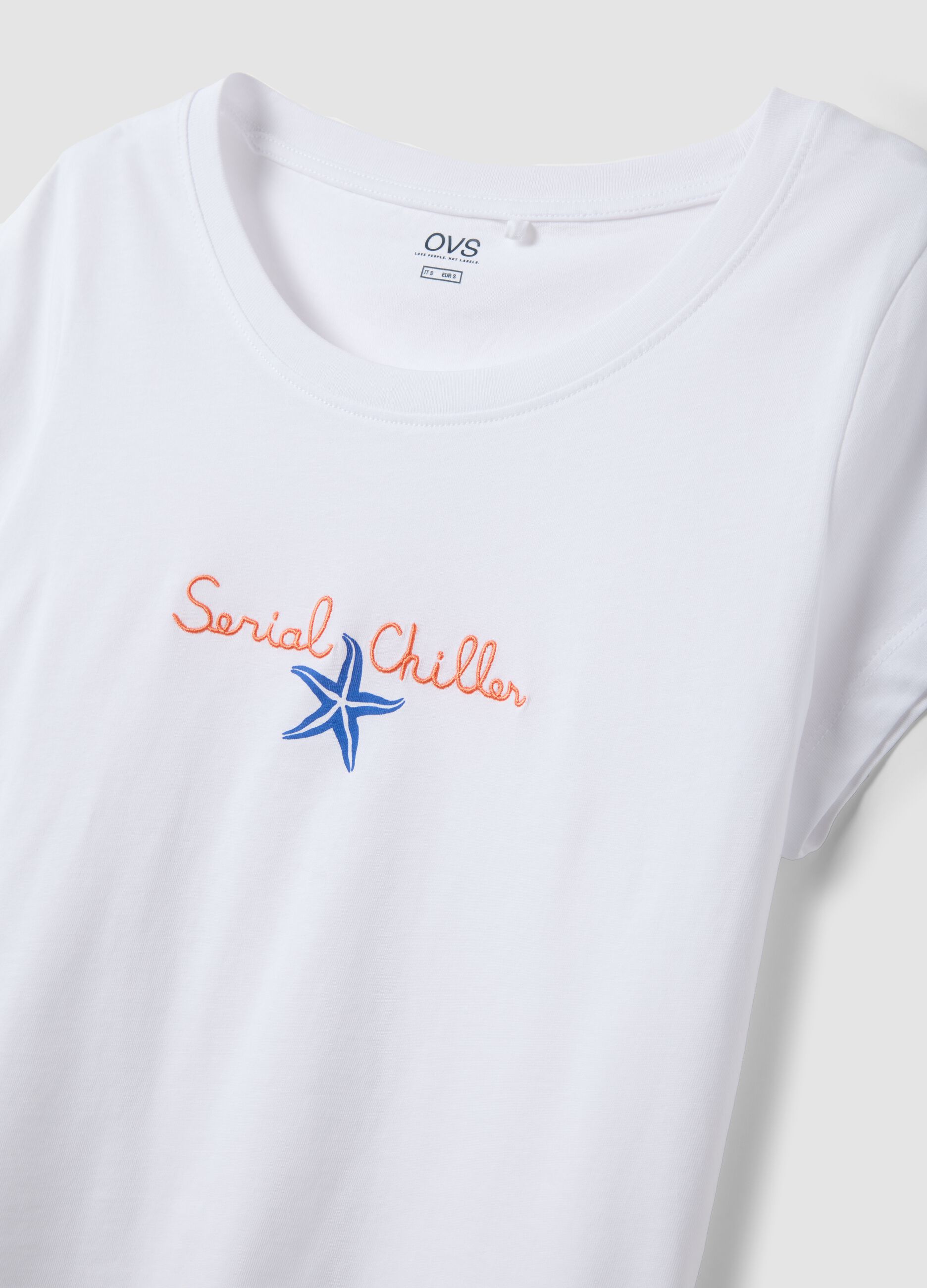White pure cotton pyjama T-shirt, regular fit with embroidery