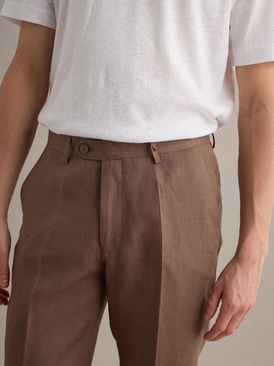 Brown pure linen slim-fit trousers_3