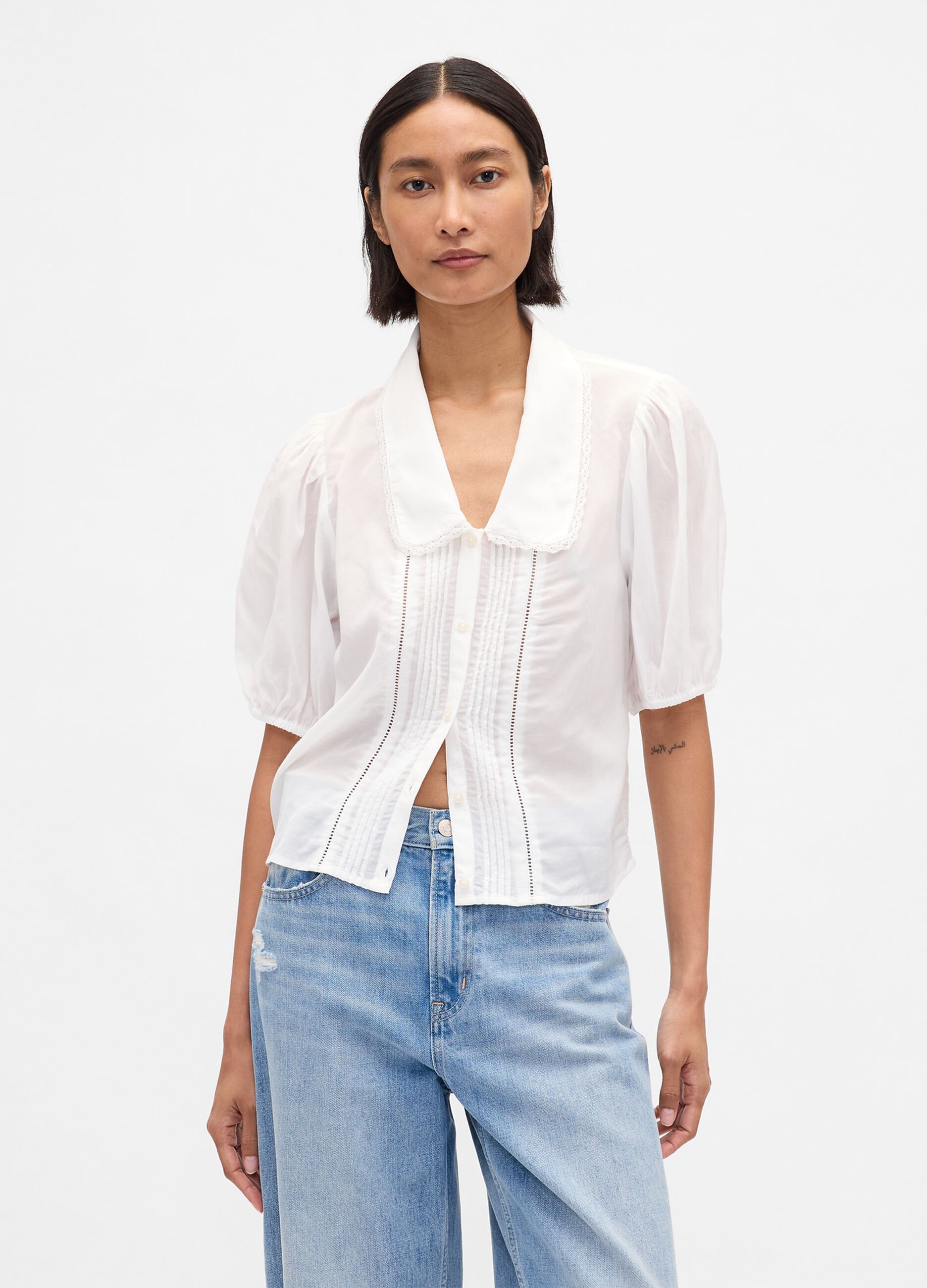 White blouse with short puff sleeves