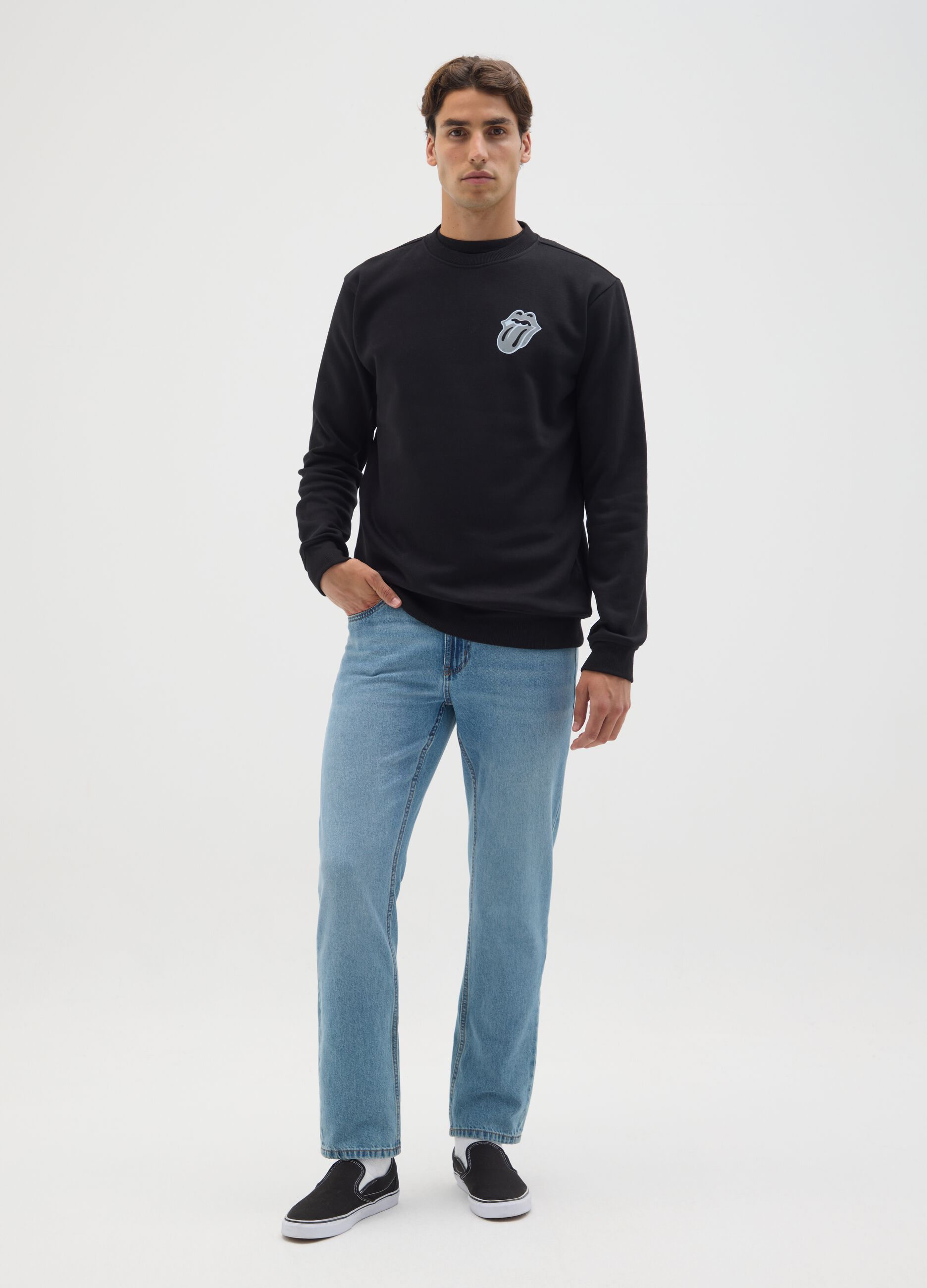 Black cotton blend sweatshirt with musical motif