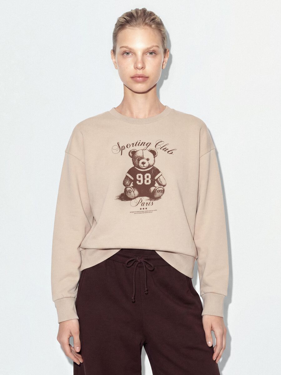 Beige cotton-blend crew-neck sweatshirt with teddy print_0