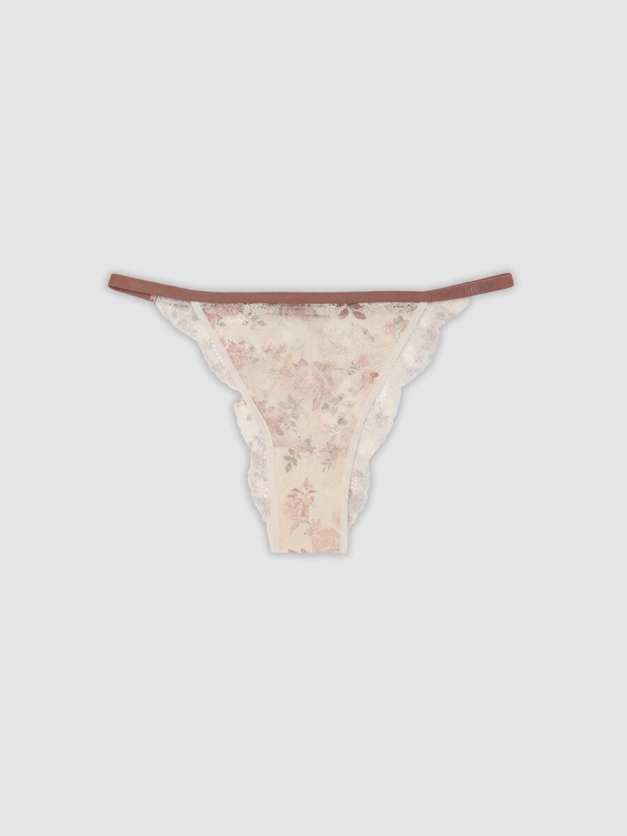 Slip beige in cotone organico con stampa floreale e pizzo_0
