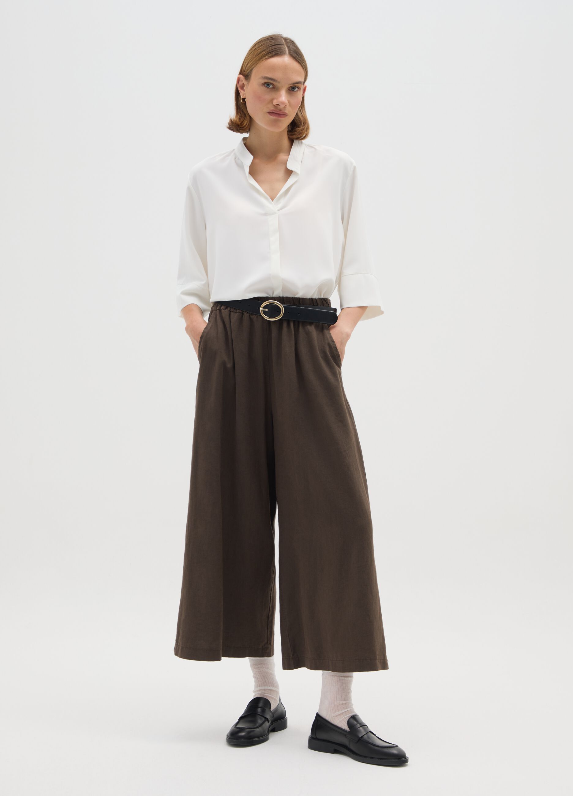 Brown wide-leg linen blend trousers