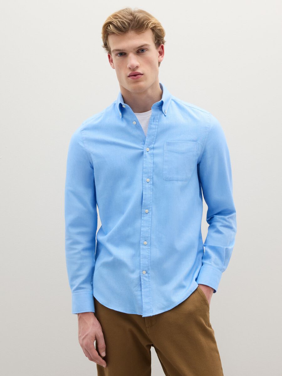 Long-sleeved blue flannel shirt in pure cotton regular fit_0