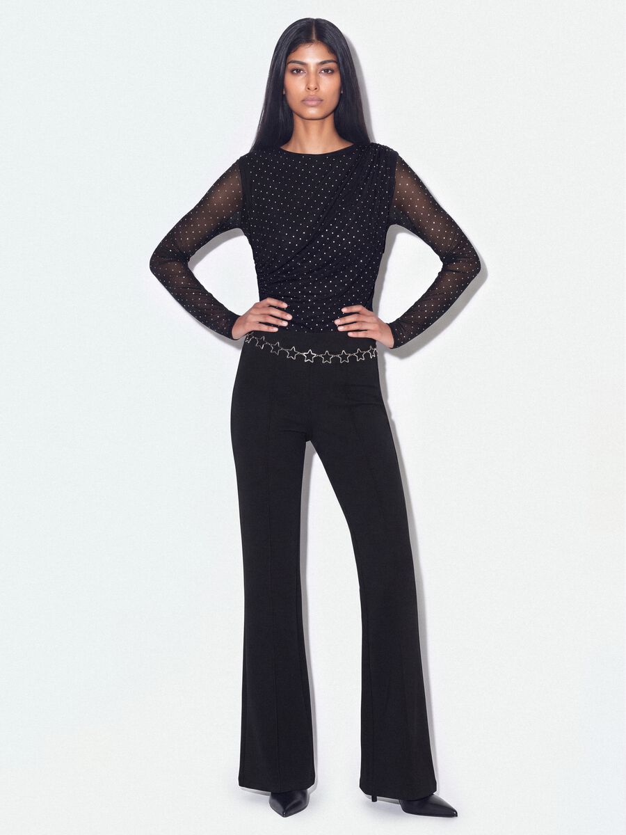 Black fitted stretch bodysuit with rhinestones_1