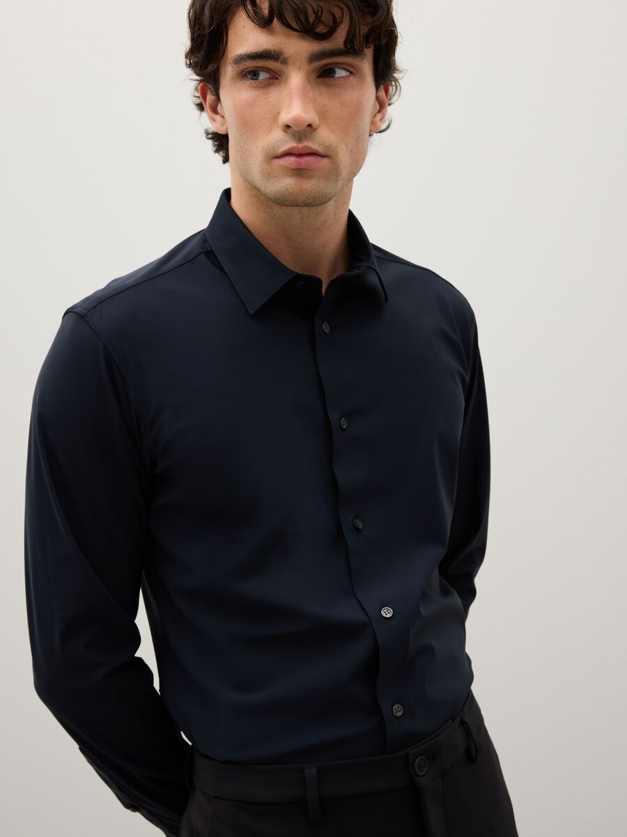 Slim fit black stretch fabric shirt_0
